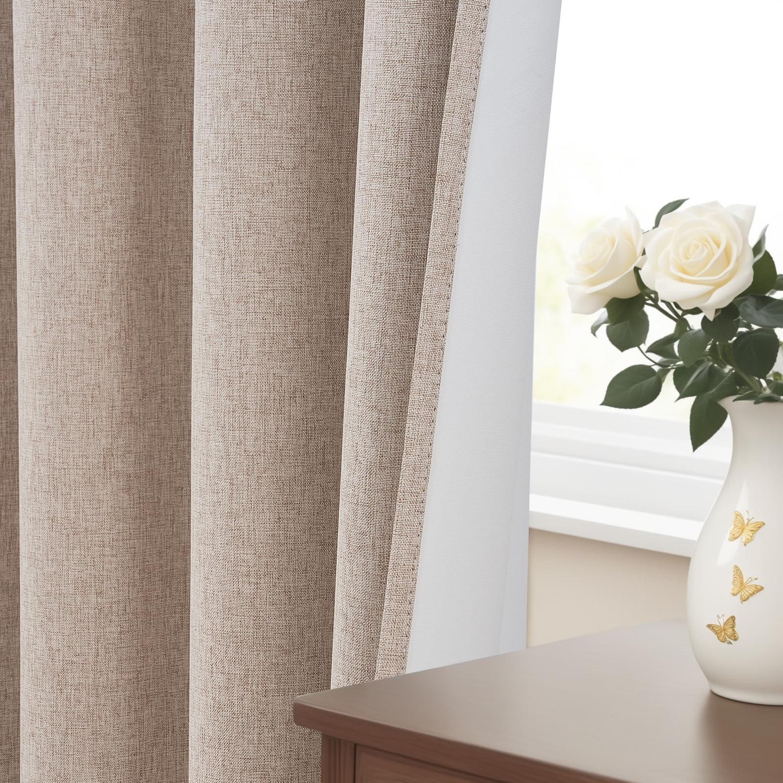 Rideau Occultant Thermique Lin Naturel à Oeillets 100% Bloquer Lumière, Anti Froid Chaleur pour Fenêtre Chambre Salon Lot de 2 140x245 CM