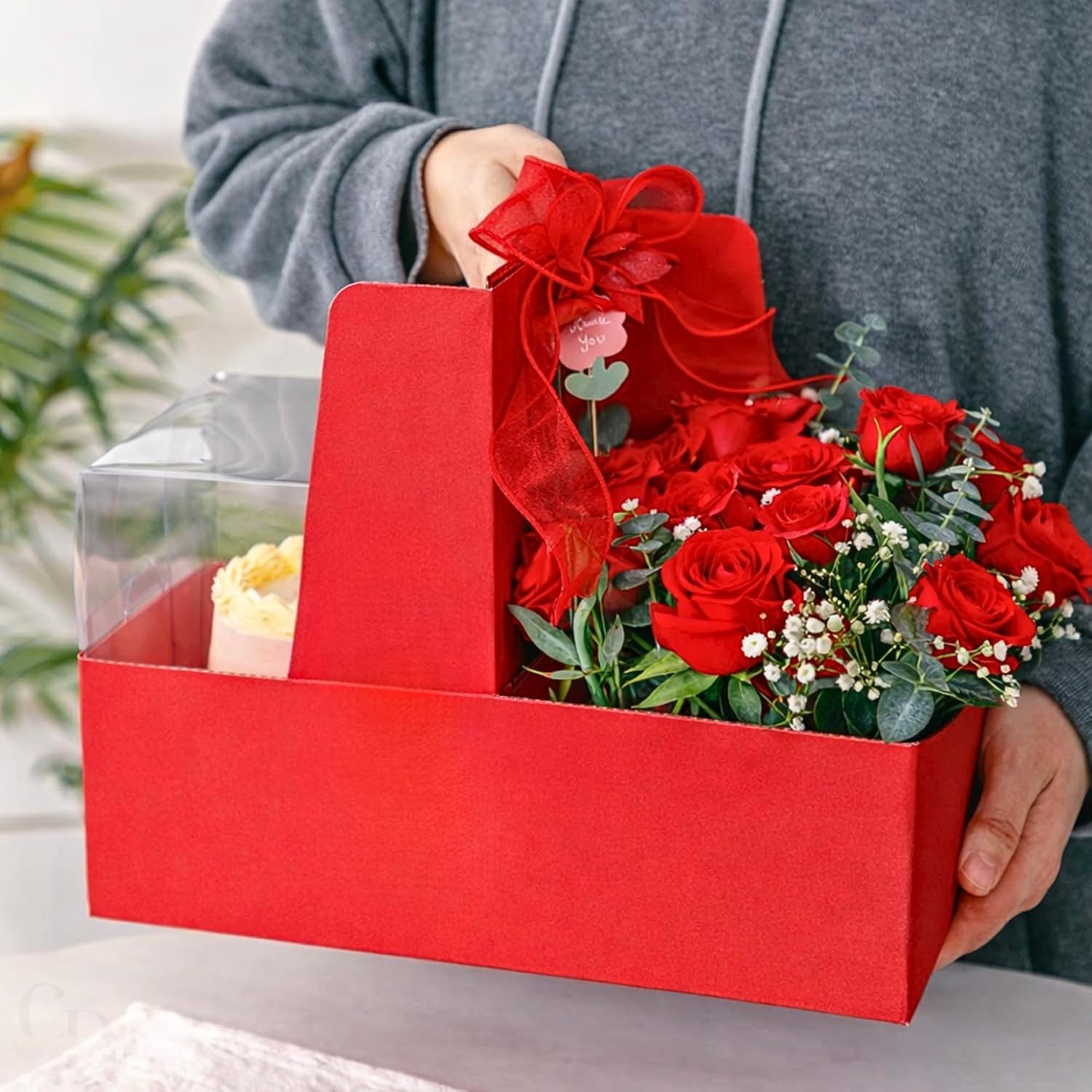 Chaney Depot LLC Premium Cake and Flowers Gift Box with Ribbon and Clear Box, Sturdy Quality- 10 Pack (Pink)