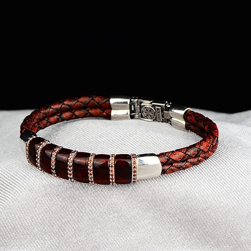 Miniatura 4 de Men Leather Bracelet, Silver Natural Ruby Stone Bracelet, Unique Anniversary Gift For Men Vintage Bracelet, 925k Sterling Silver Bracelet