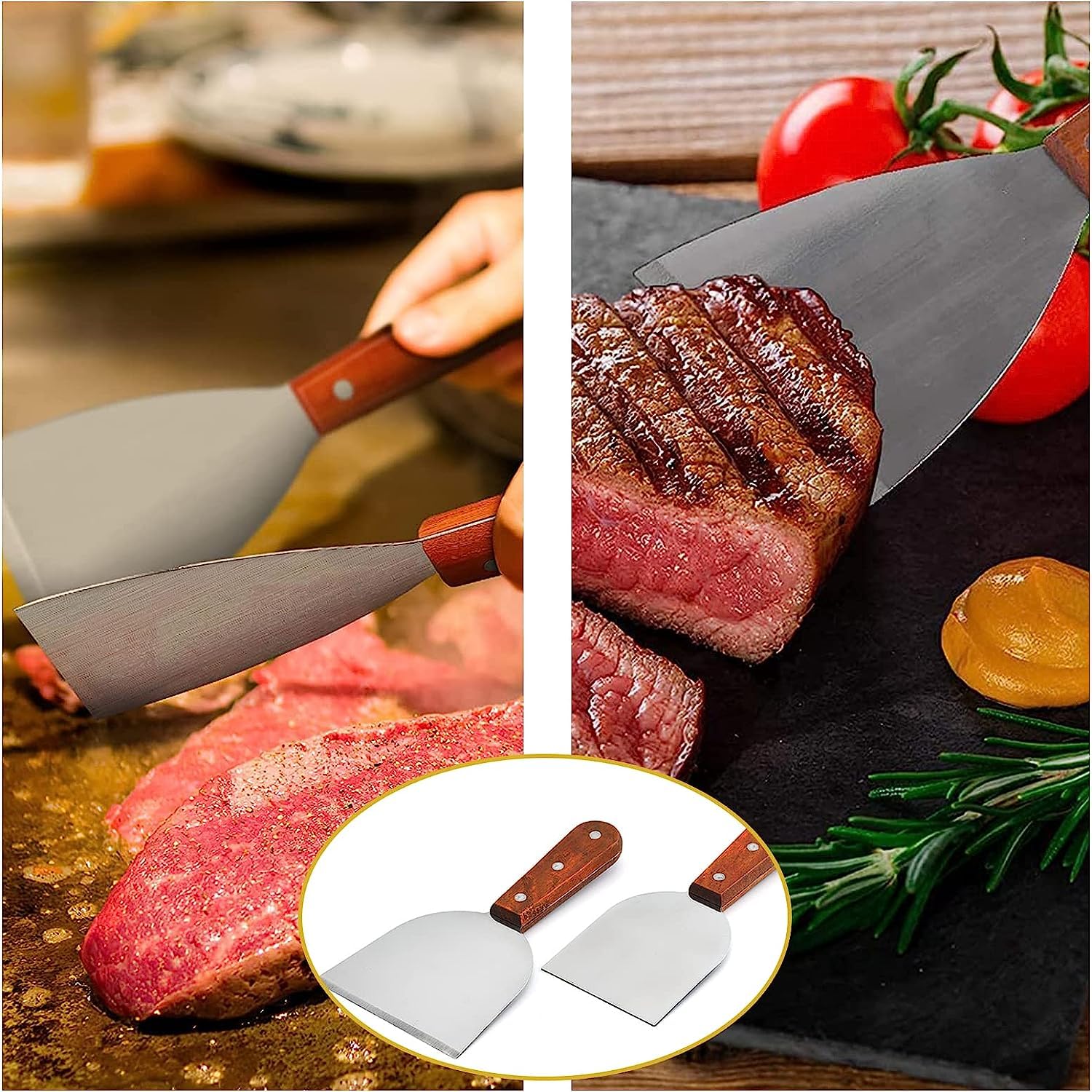 Set di 2 spatole per hamburger, in acciaio inox, spatola con manici in legno, spatola plancha, raschietto professionale, spatola per barbecue teppanyaki, bistecche, pizza