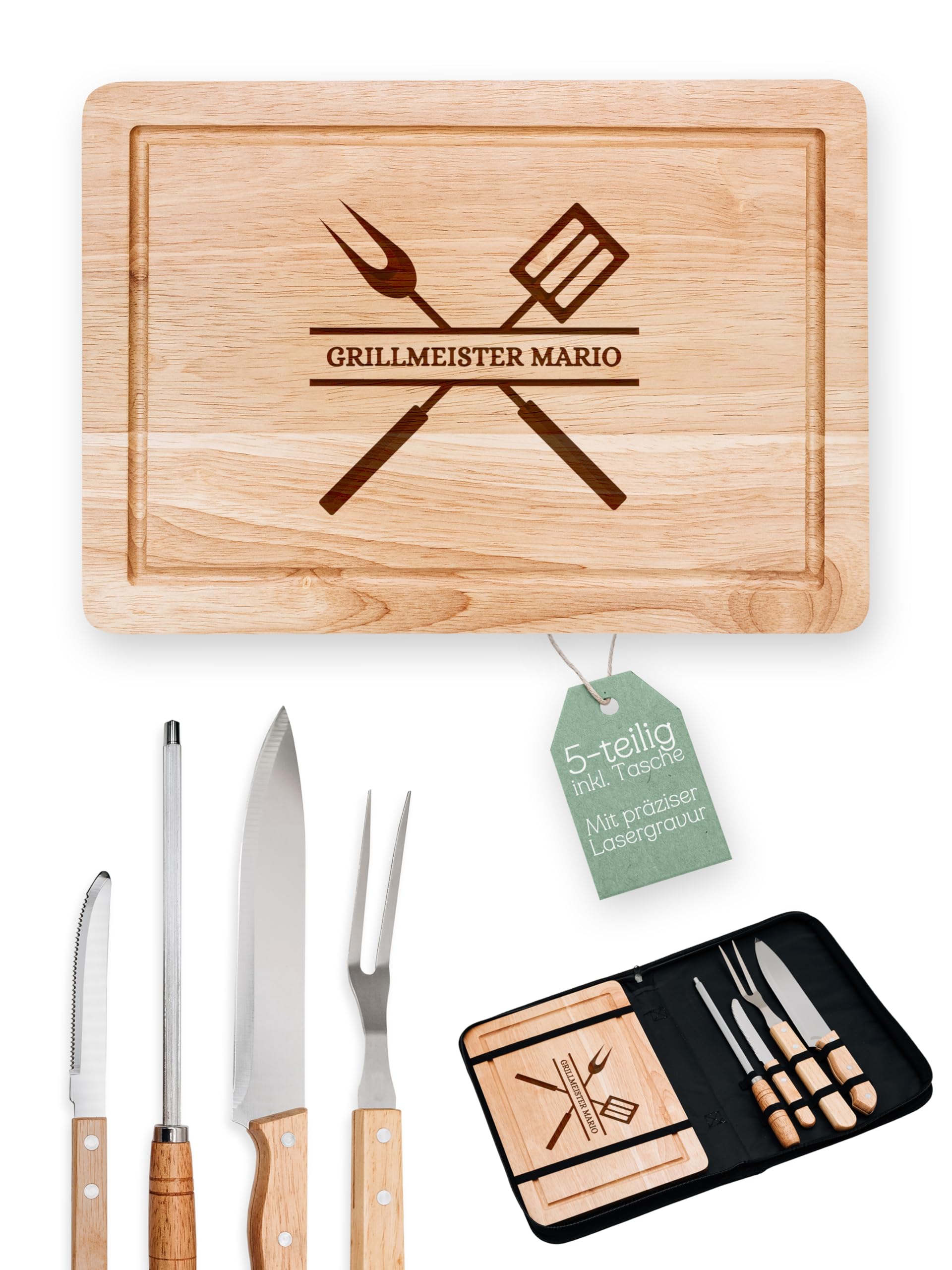 Grillset mit Messer im Messerset, Grillen Geschenk, Grill Accessories, Grillbrett, Geschenke für Männer, Schneidebrett als Geschenk zu Vatertag und BBQ Season (Grillmeister mit Name)