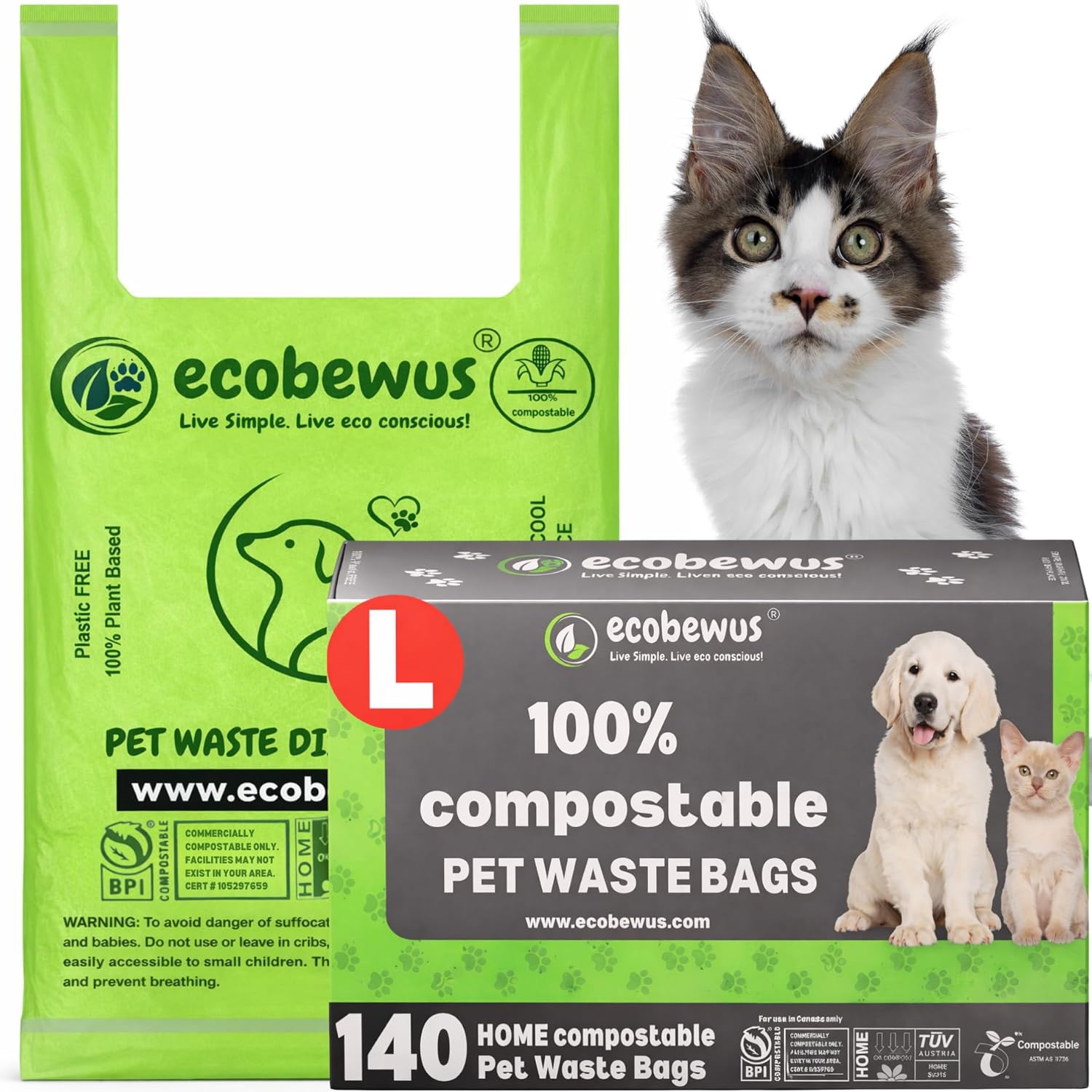 100% Compostable Pet Waste Disposal Bag (140 ct.) Plant-Based Biodegradable Cat Litter Poop Waste Pick-Up Bags with Handles Dog poop Bags Disposable Compost Food Scrap Liners (140 ct.)