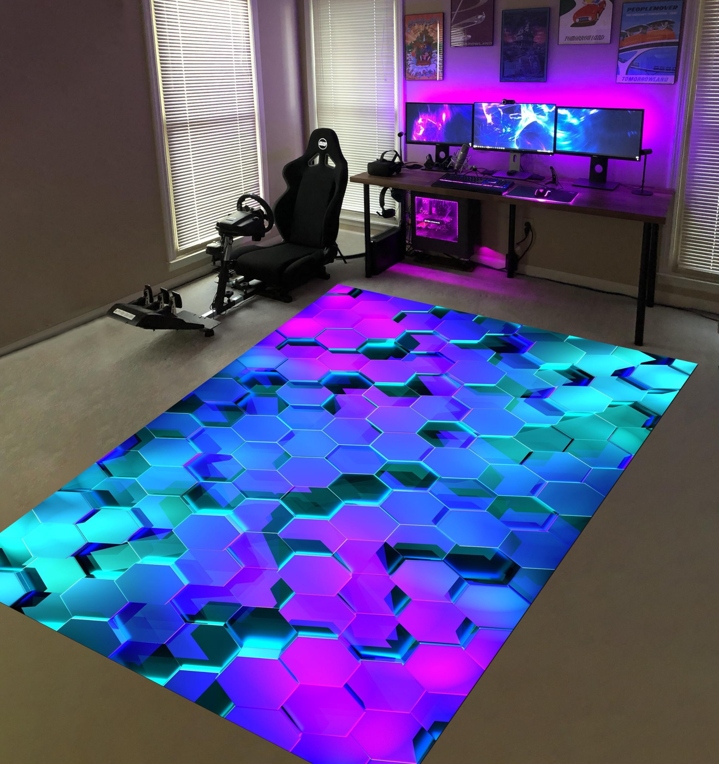 Gaming Rug, Multicolor, 3'x5' (36"L x 60"W), Modern Geometric Hexagons, Area Rug