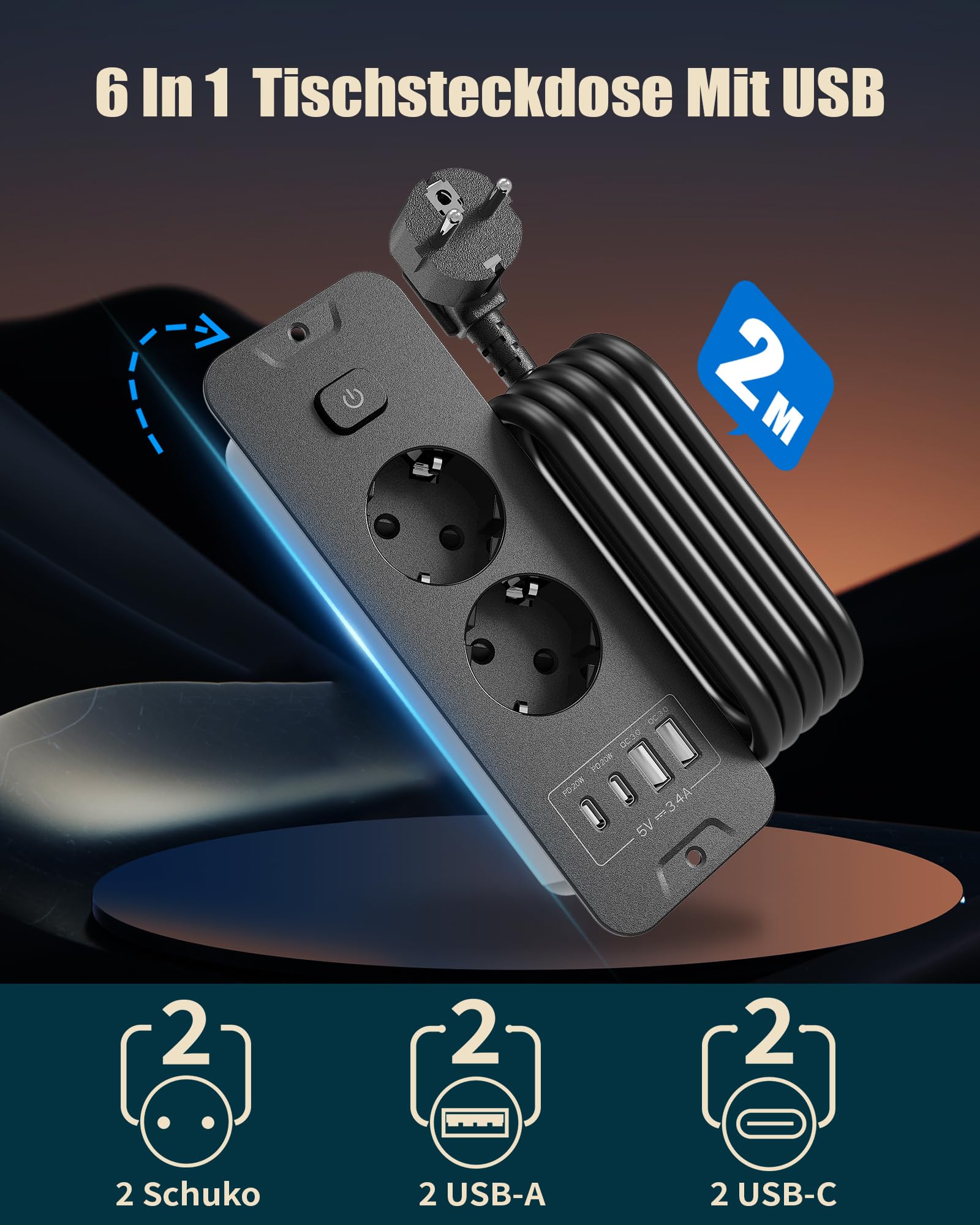 Ciabatta elettrica con USB (PD 20 W), 2 prese da incasso, 6 in 1, a scomparsa, presa da tavolo, presa multipla con cavo da 2 m, per cucina, ufficio, piano di lavoro, 16 A/3680 W
