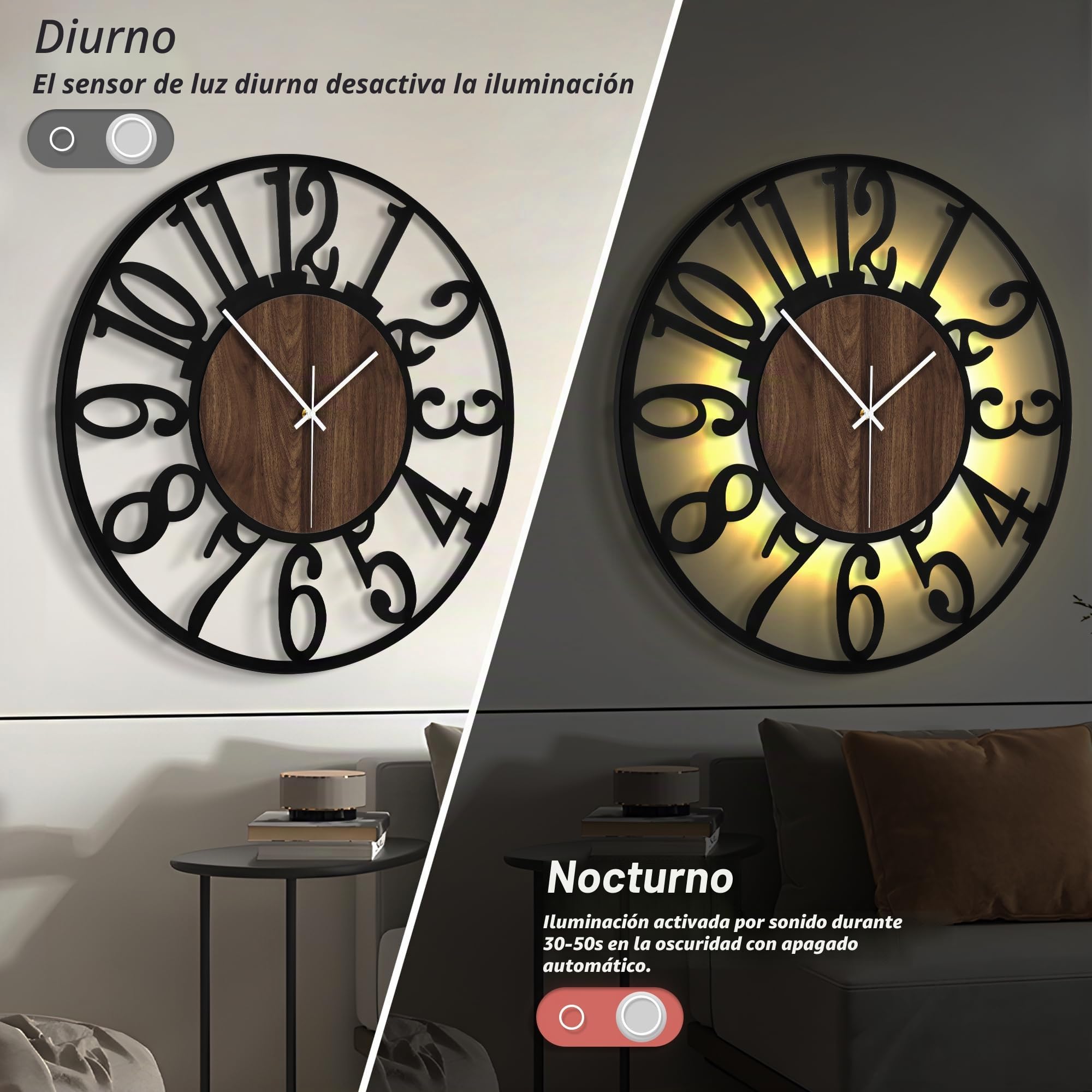 Maxstar Reloj de Pared 80CM para Salón a Pilas, Silencioso, Estilo Madera Metal, LED Moderno Dormitorio/Oficina (Números Arábigos, Negro-32)