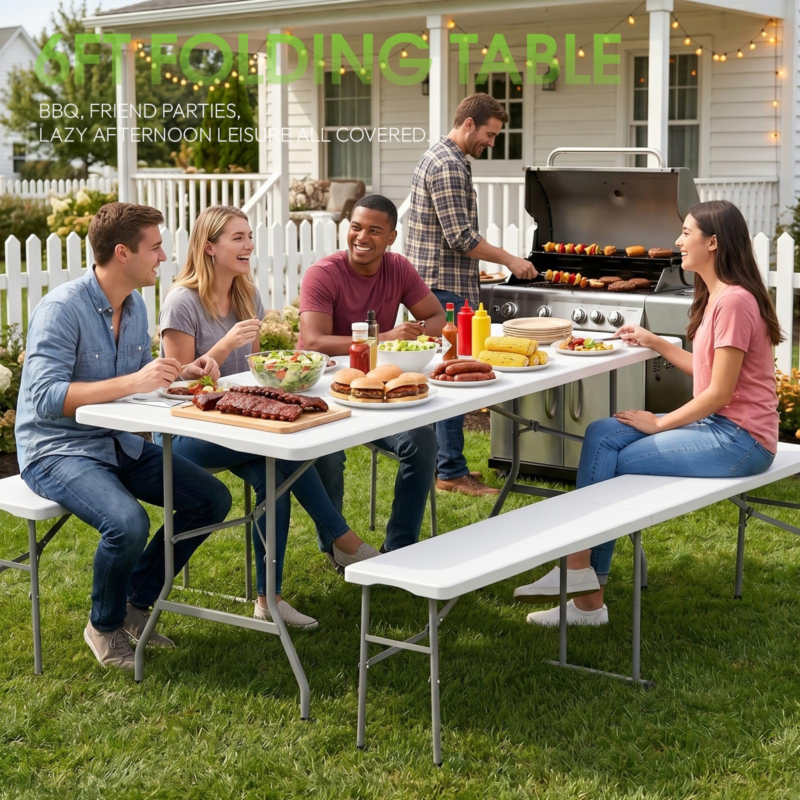 HLPB Mesa plegable de picnic de 6 pies, mesa de camping de 6 pies, mesa plegable portátil para interiores y exteriores, para trabajo, reuniones, fiestas, camping, picnic, bodas con asa y cerraduras de