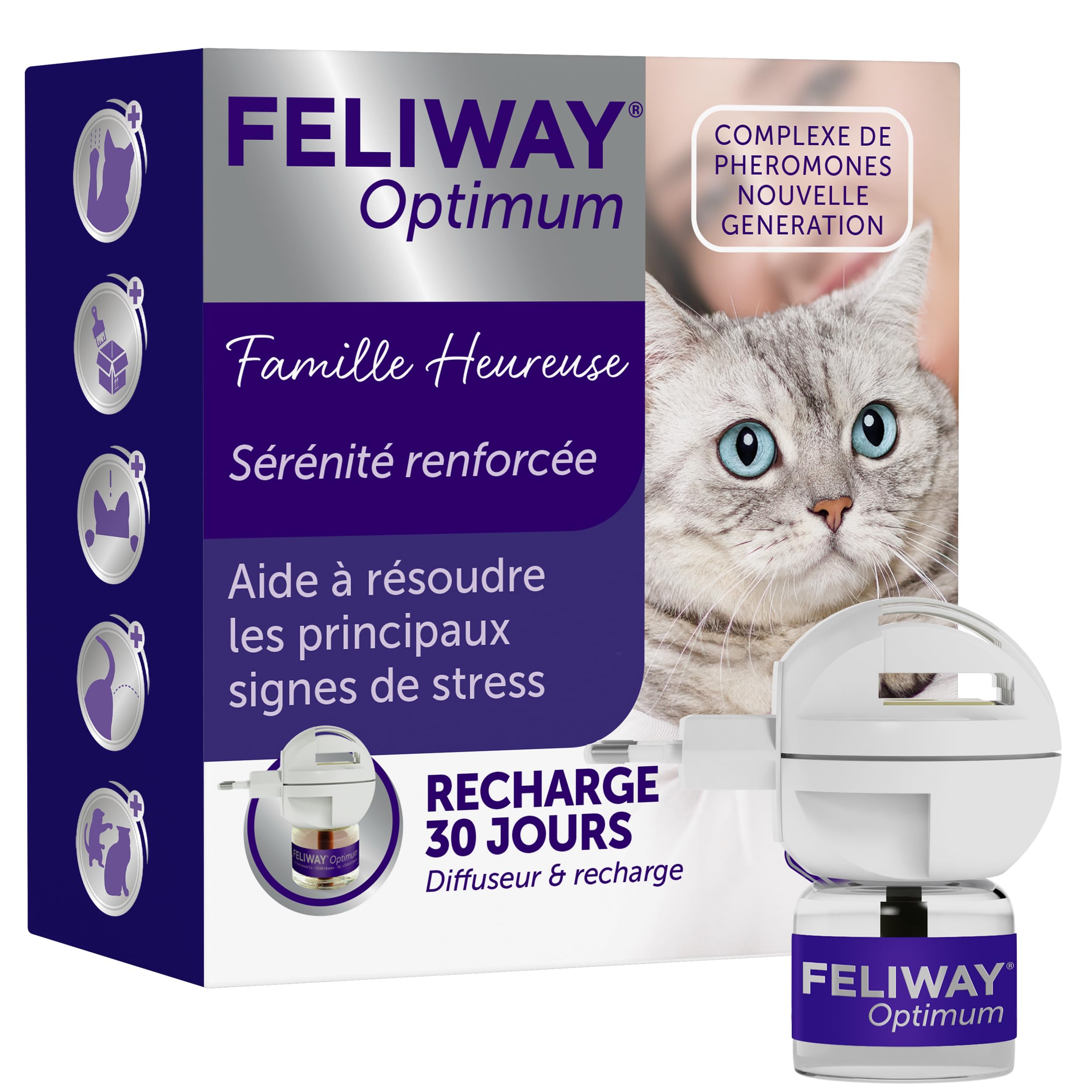 FELIWAY Optimum - Antiestrés para gatos - Complejo de feromonas calmantes para una serenidad reforzada - Kit completo de 30 días