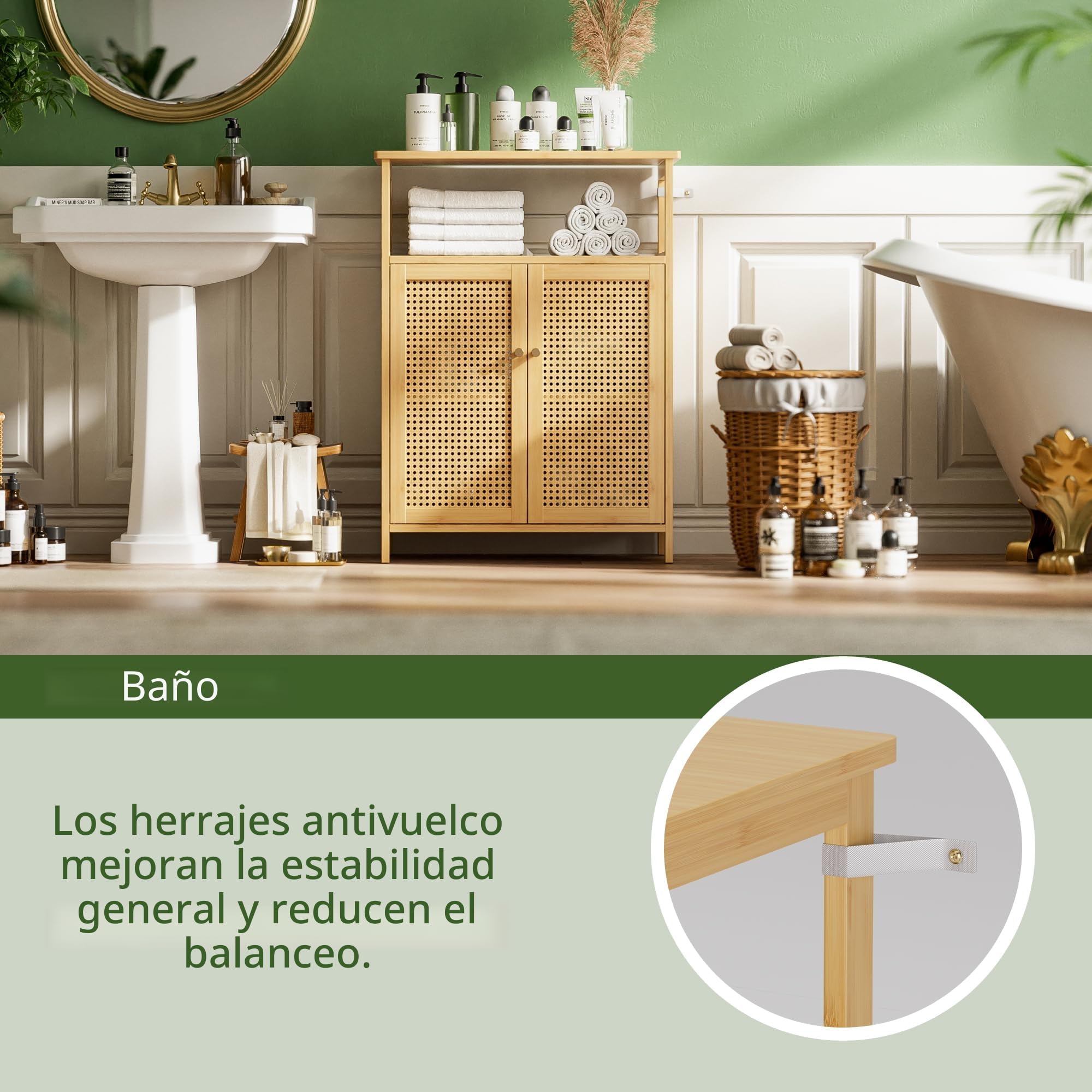 Armario de Baño con Soporte de Suelo, Mesa Organizadora de Almacenamiento de Bambú con 2 Puertas de Ratán y 1 Estante, Armario Lateral de Madera para Pasillo, Cocina, Sala de Estar (Natural)