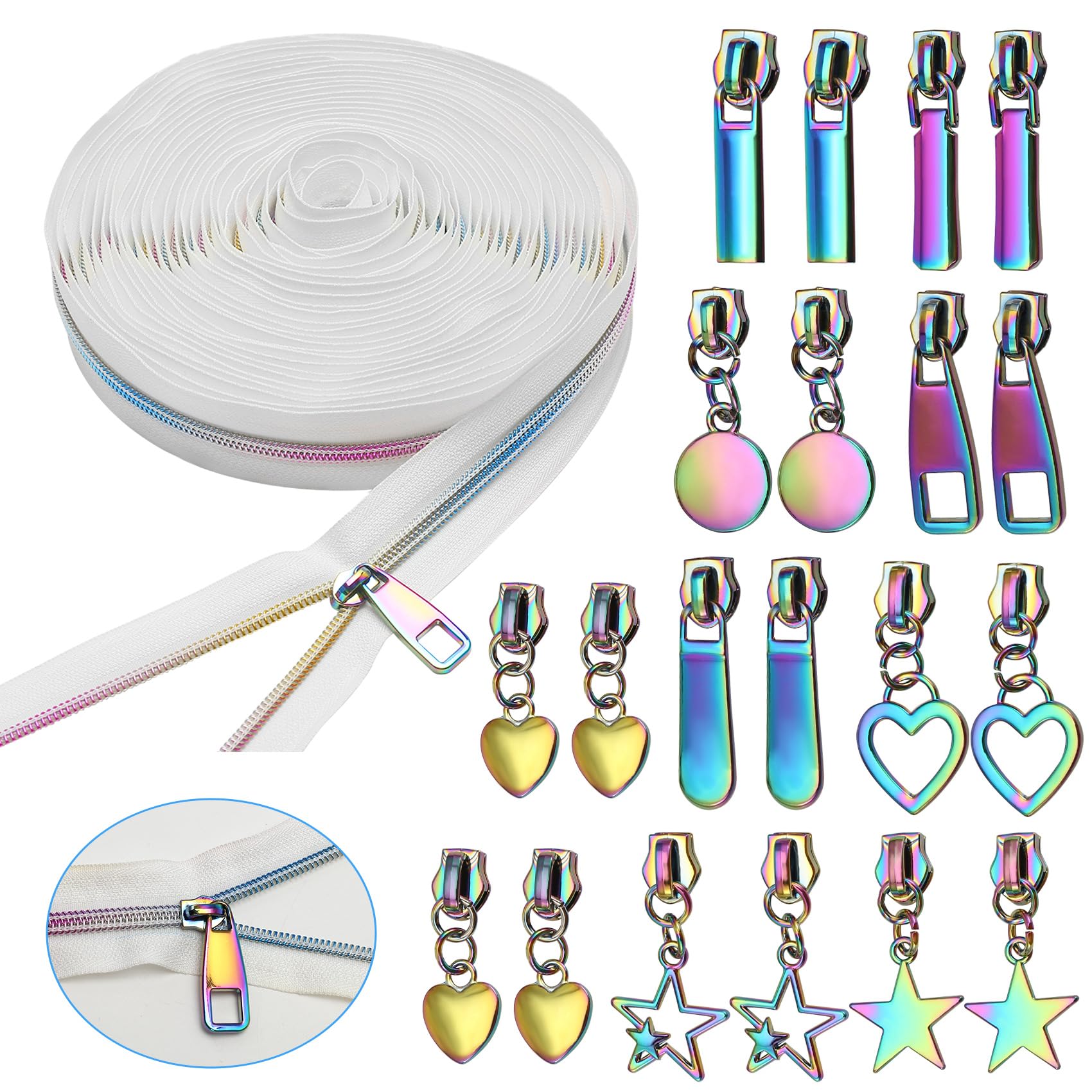 Micvtve #5 Rainbow Zipper Tape by The Yard 10 Yards Rainbow Teeth Nylon Zipper with 20 Pcs Colorful Metal Slider Pulls (10 Styles) for DIY Sewing Tailor (White)