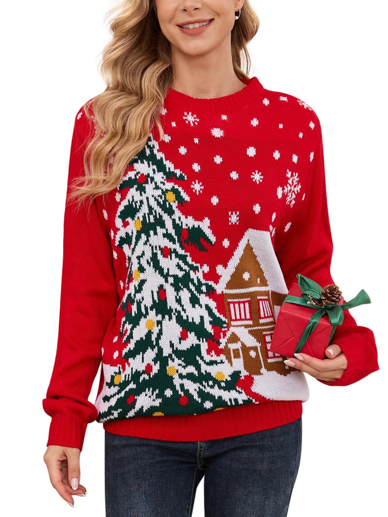 VENTELAN Women's Christmas Sweater Funny Christmas Tree Ugly Pullover Snowflake Long Sleeve Sweater Shirt