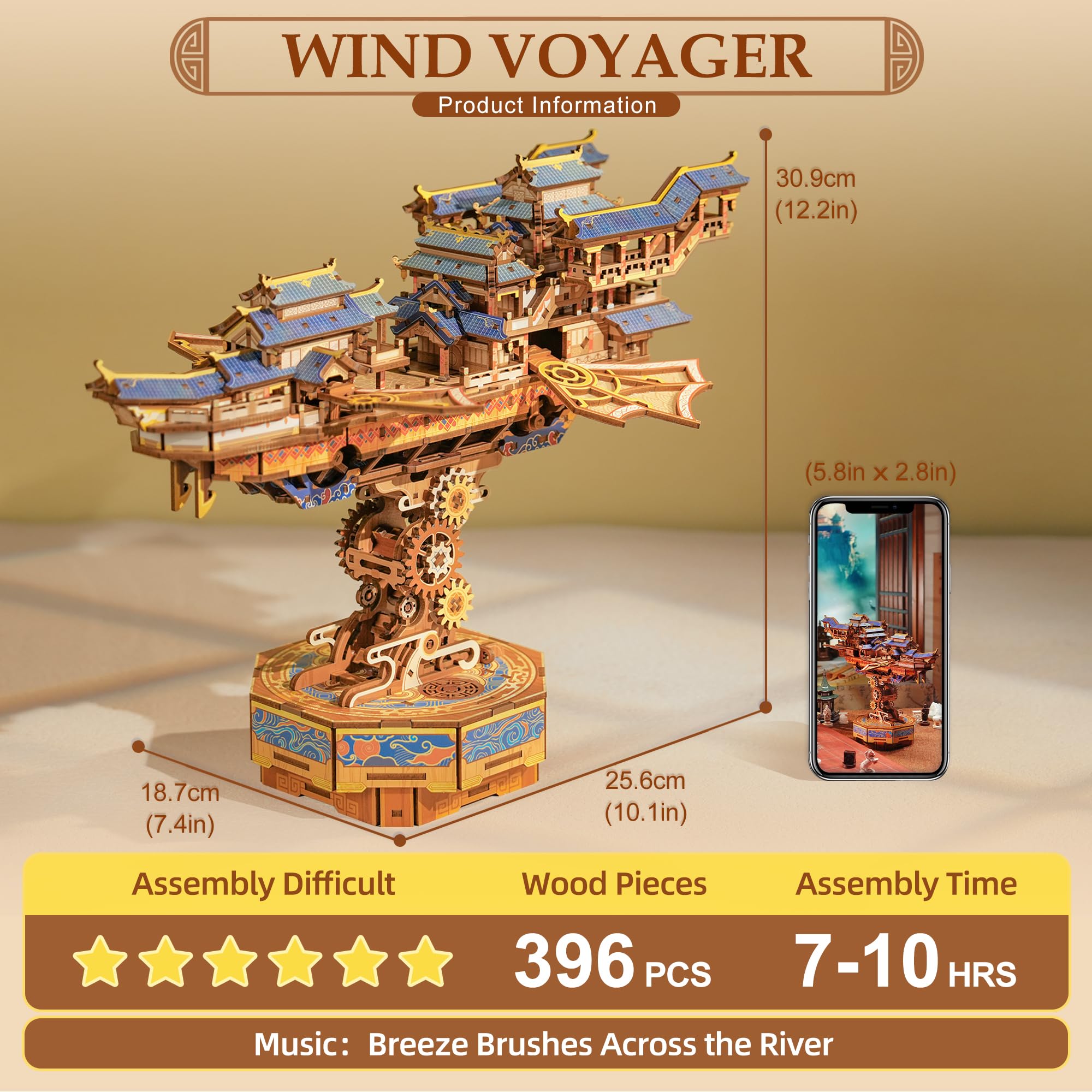 Tonecheer Puzzle en Bois 3D pour Adultes - Kit de modélisation de Bateau en Bois DIY avec dirigeable Musical Fantaisie et Composants Mobiles et Structure de Transmission comme idée（Voyageur du Vent）