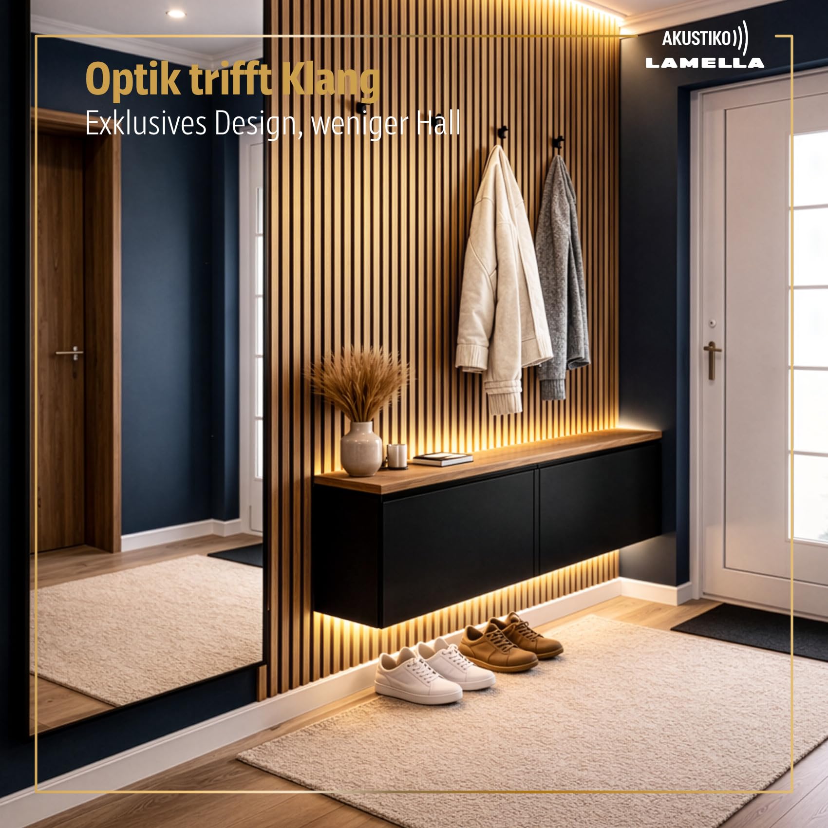 Akustiko Lamella Akustikpaneele 2 Stück 280x60cm - flexible Filz MDF Wandpaneele fugenlos - überlappende Holz Lamellenwand, Holzlamellen dünn - Akustik Wandverkleidung (3.36m² Natural Teak)