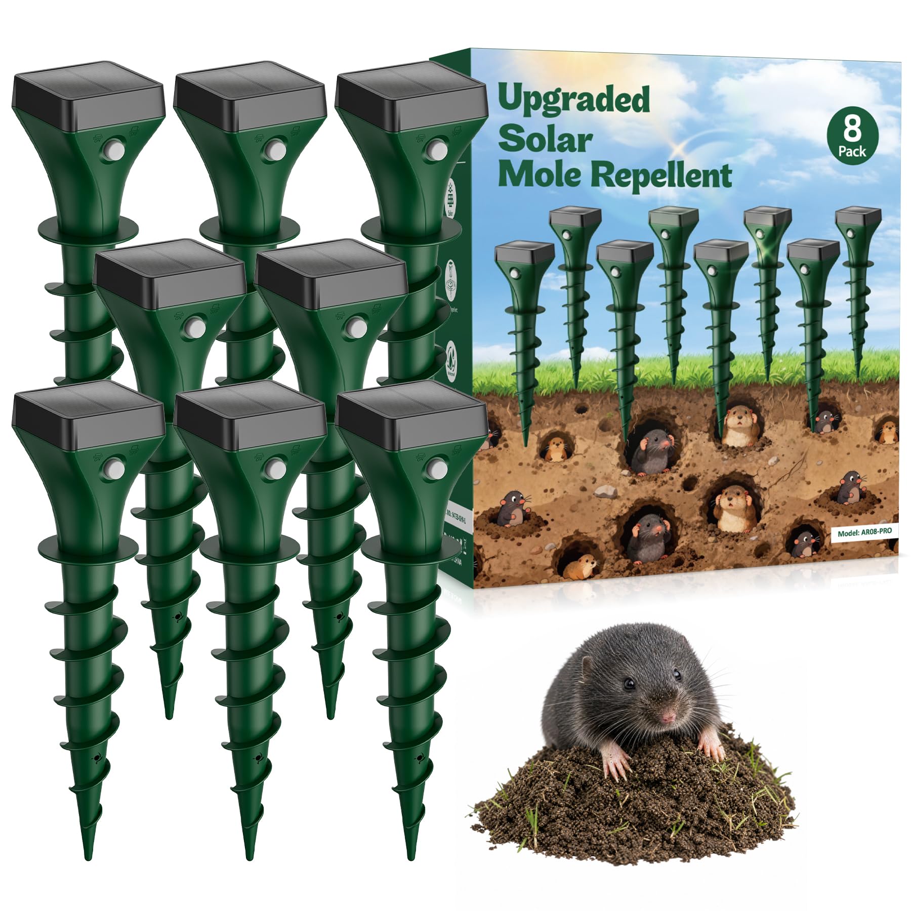 Photo 1 of 8 Pack Mole Repellent Solar Powered, Gopher Repellent Ultrasonic stakes for Lawns, IP65 Waterproof Mole Deterrent for Yard, Outdoor Rodent Control for Groundhog, Vole, Armadillo, Chipmunk, Snake