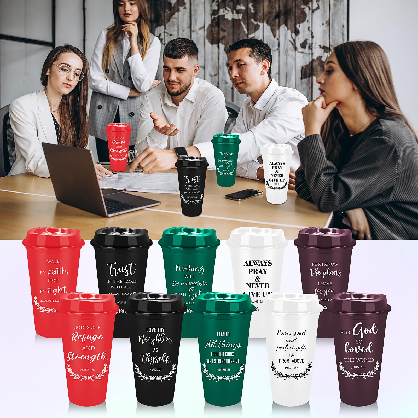 Lot de 40 tasses à café chrétiennes réutilisables de 473,6 g, verset de la Bible religieux en plastique avec couvercles, tasse à café de voyage pour boissons froides, cadeaux chrétiens pour homme et