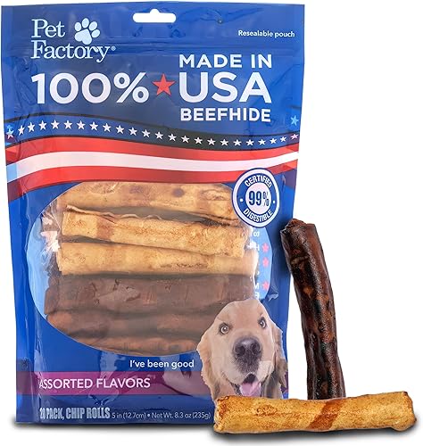 Miniatura 8 de Pet Factory Golosinas masticables para perros de cuero de res 100% fabricadas en Estados Unidos - Sabor a carne de res y pollo, 8 onzas