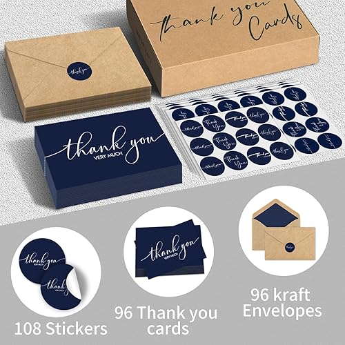 Miniatura 3 de AZAZA Paquete de 96 tarjetas de agradecimiento con sobres de papel kraft y calcomanías, tarjetas grises de 4 x 6 pulgadas, tarjetas de