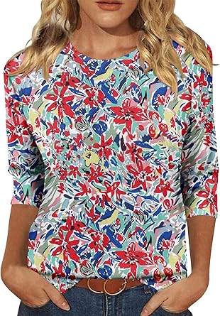 KISSMODA Tunic Tops for Women Loose Fit Dressy Round Neck Pleated 3/4 Length Sleeve Spring Tops