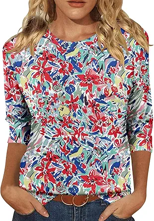 KISSMODA Tunic Tops for Women Loose Fit Dressy Round Neck Pleated 3/4 Length Sleeve Spring Tops