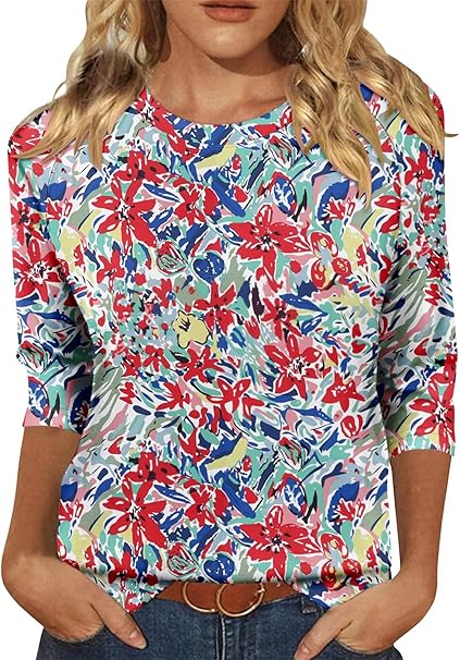 KISSMODA Tunic Tops for Women Loose Fit Dressy Round Neck Pleated 3/4 Length Sleeve Spring Tops