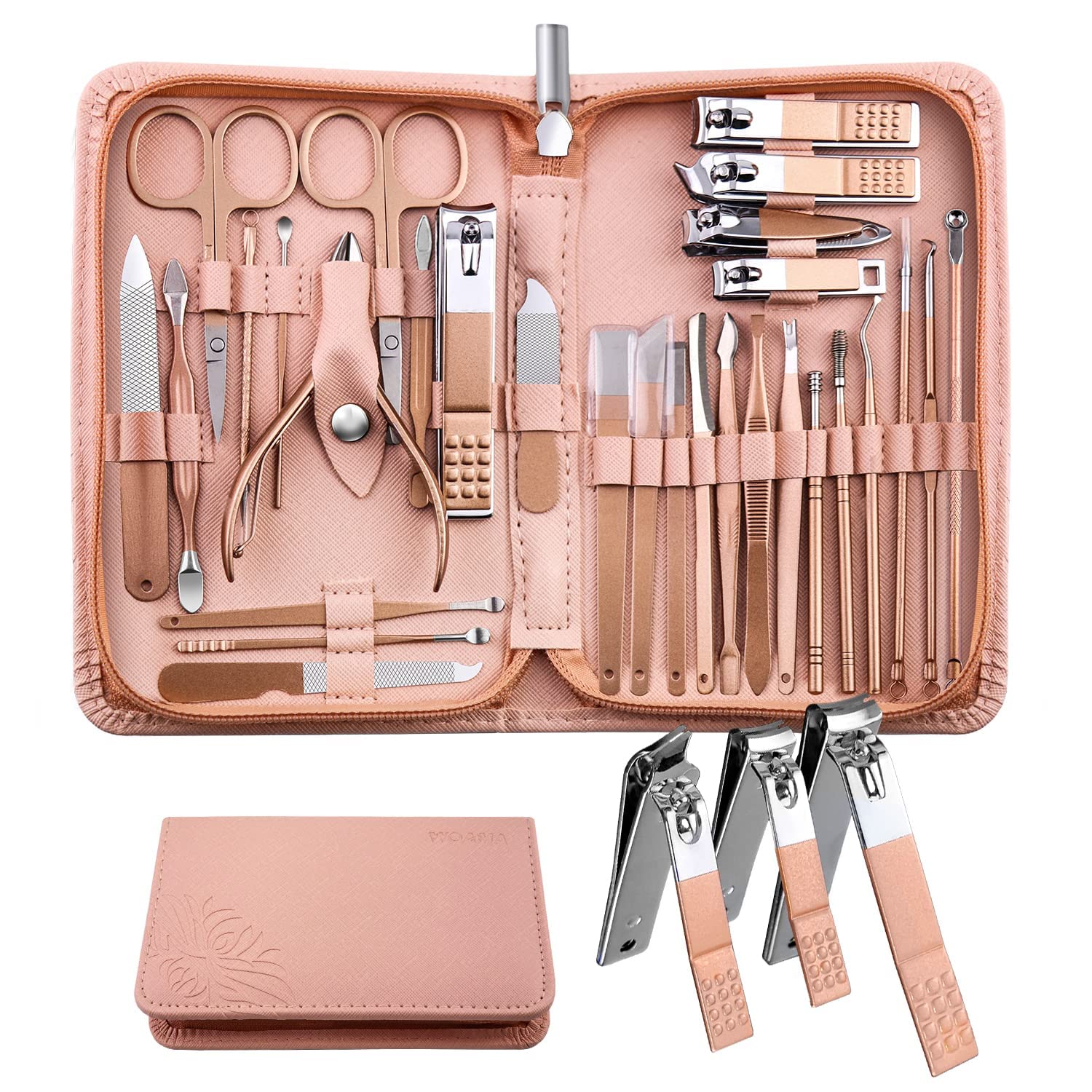 Professional 26-in-1 Manicure Pedicure Kit for Men & Women | Premium Grooming Set with Nail Clippers, Cuticle Tools, Tweezers & Foot Care Tools | Travel Friendly Leather Case (Peach)-image-38