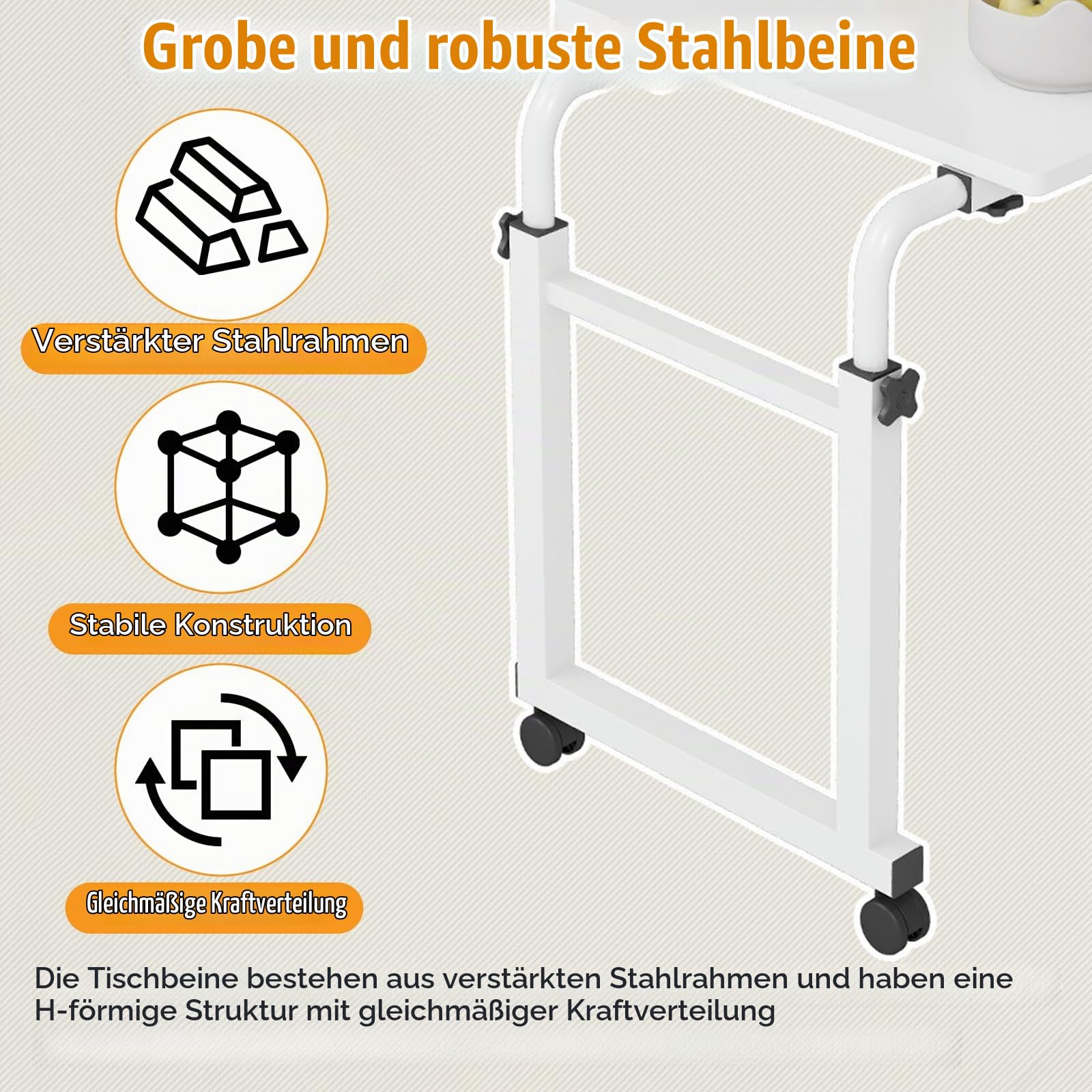 Überbetttisch Mit Rollen, Betttisch Verstellbarer Höhe Länge Mobiler Schreibtisch Über-Betttisch Beistelltische Fürs Wohnzimmer Drehbarer Laptopständer Für Bett Sofa Büro 120 * 40CM Weiß