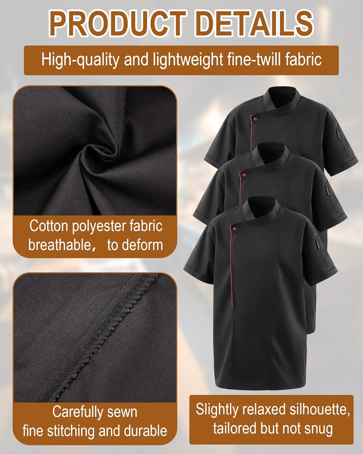 Cuffbow 3 Pack Women's Chef Coat M Size Short Sleeve Chef Jacket Black Side Vent Kitchen Uniform for Female Cooks Restaurants Catering - Image 2