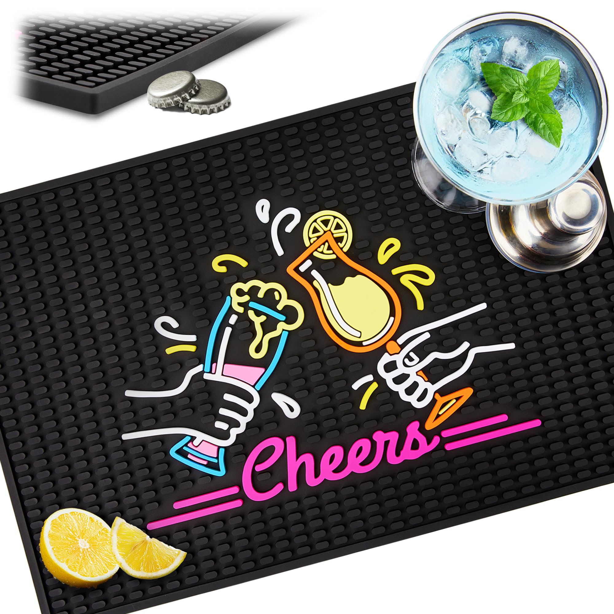 Decorative Rubber Bar Mat, 12" x 18" Drip Mat with Raised Lip, Drainage Grooves & Prongs, Washable Bartender Service Mat for Home Bar, Bar Cart &