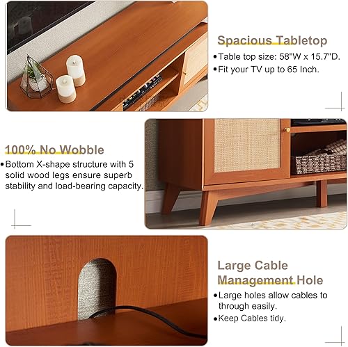 Miniatura 4 de OKD Soporte de TV para TV de 65 pulgadas centro de entretenimiento Highboy de 32 pulgadas de alto con puerta de ratán natural estantes de