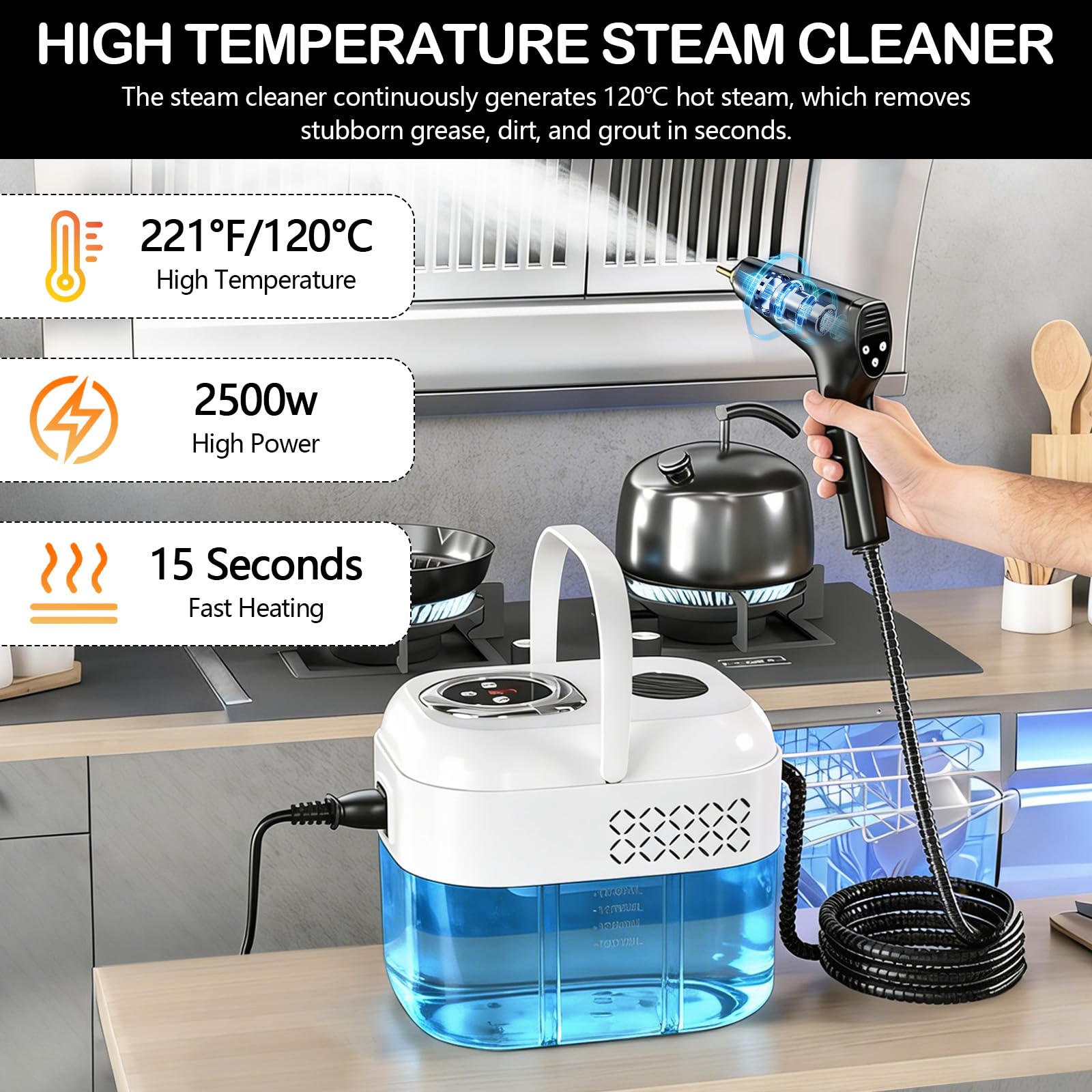 Limpiador a Vapor 2500W, Vaporeta de Mano Portátil 1700ml, Alta Temperatura para Ventanas, Cocina, Piso