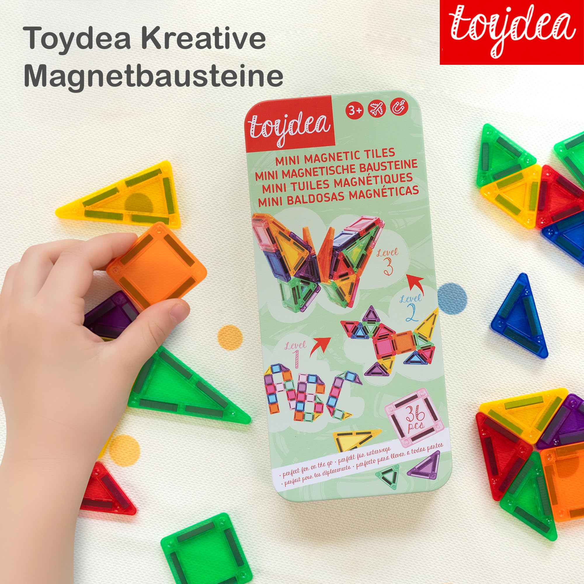 Magnetische Bausteine – Mini Reiseset mit 36 Teilen für Kinder ab 3 bis 8 Jahren, Umweltfreundlich & Montessori-Spielzeug inspiriert, Pädagogisches Magnetspiel für Reisen, Autofahrt & Flugzeug