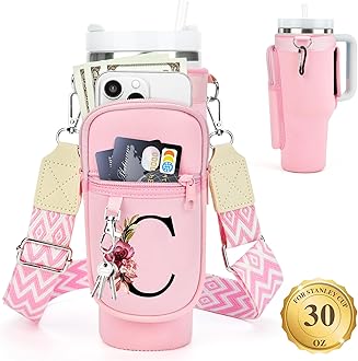 LOKASS Water Bottle Holder with Strap for Stanley Cup 30 oz Tumbler, Personalized Initial Stanley Cup Accessories 30oz, Stanley Cup Carrier Bag for Walking, Valentine’s Day Gifts for Women, Men, Girls