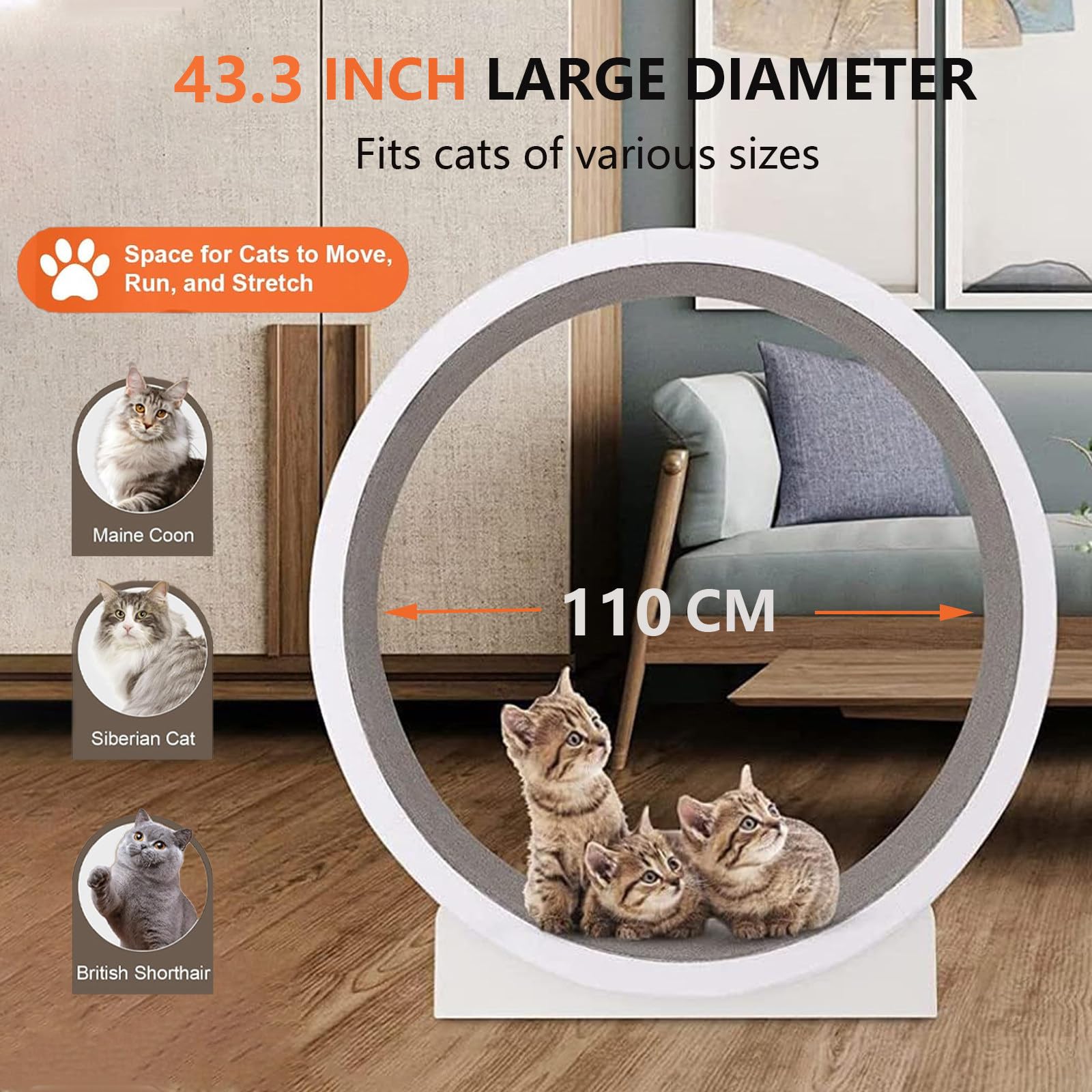 Rueda De Ejercicio para Gatos, Rueda De Caminadora Grande para Gatos De Interior, Rueda para Correr para Gatos De 43,3 Pulgadas con Alfombra Desmontable, para Correr/Caminar/Entrenar