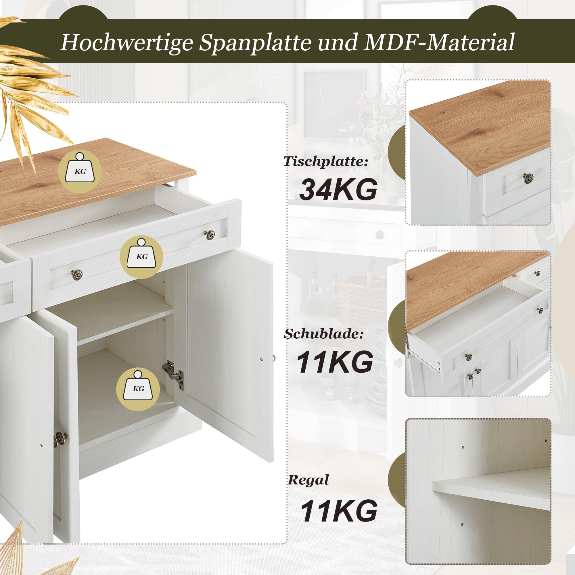 Azkoeesy Credenza con 4 ante e 2 cassetti, 150 x 40 x 86 cm, moderna cassettiera, Buffet, Mobile da cucina e soggiorno, Bianco antico/naturale