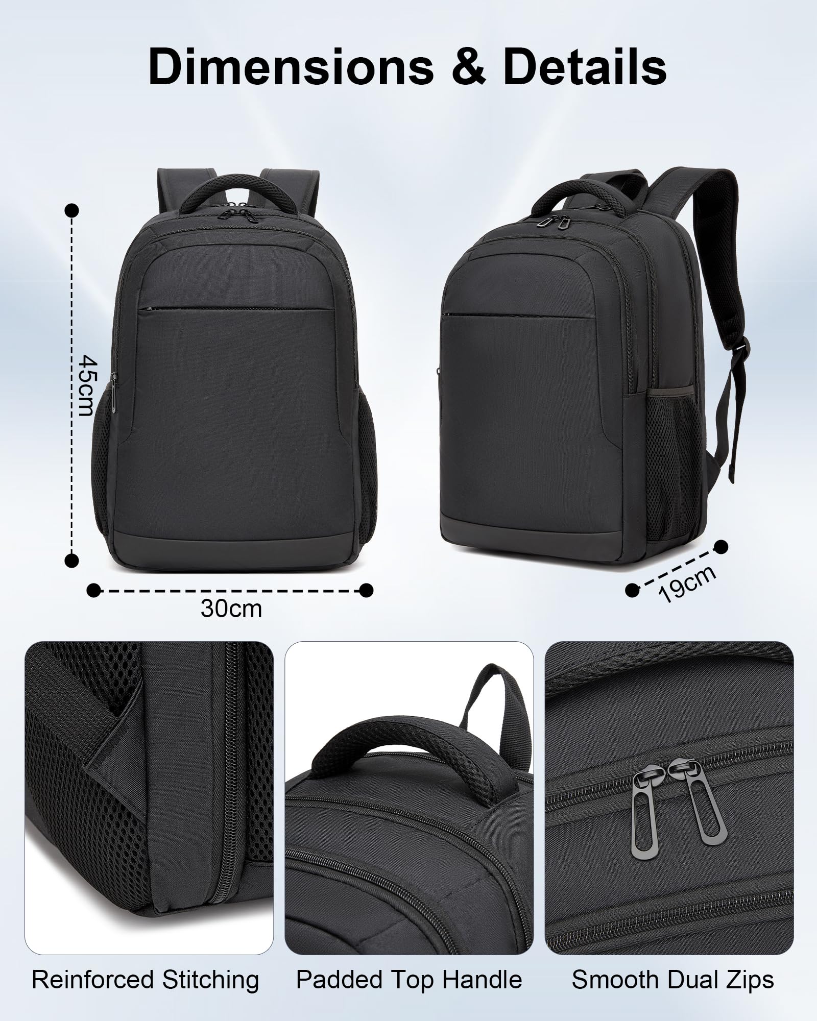Zaino Porta PC 15,6 Pollici Uomo Donna, Zaino da Lavoro con Scomparto Imbottito per Laptop e Apertura Completa, Leggero Antifurto per Viaggi Ufficio Università Quotidiano Pendolarismo - Nero