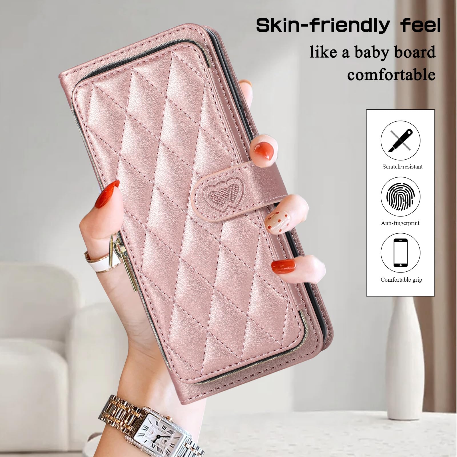 Etui-portfel do Samsung Galaxy Z Fold 6, skórzane etui z zamkiem magnetycznym, etui na karty, modne etui na telefon komórkowy z klapką, różowe