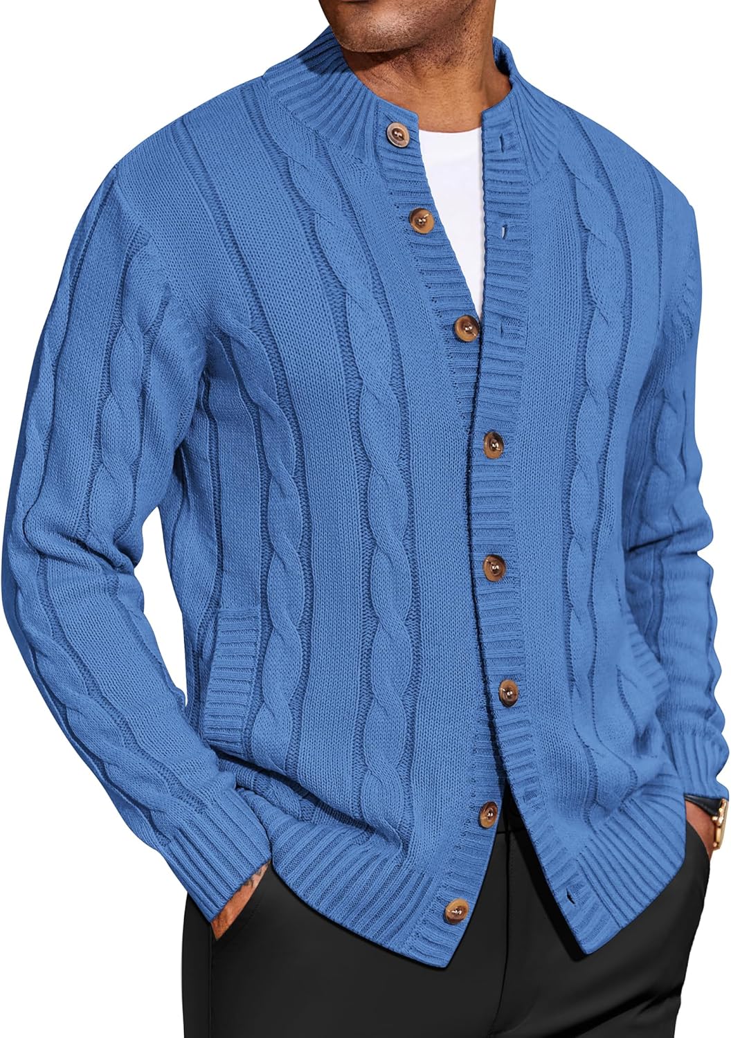 COOFANDY Men's Cardigan Sweater Slim Fit Stand Collar Cardigan Casual Cable Knitted Button Down Sweater with Pockets