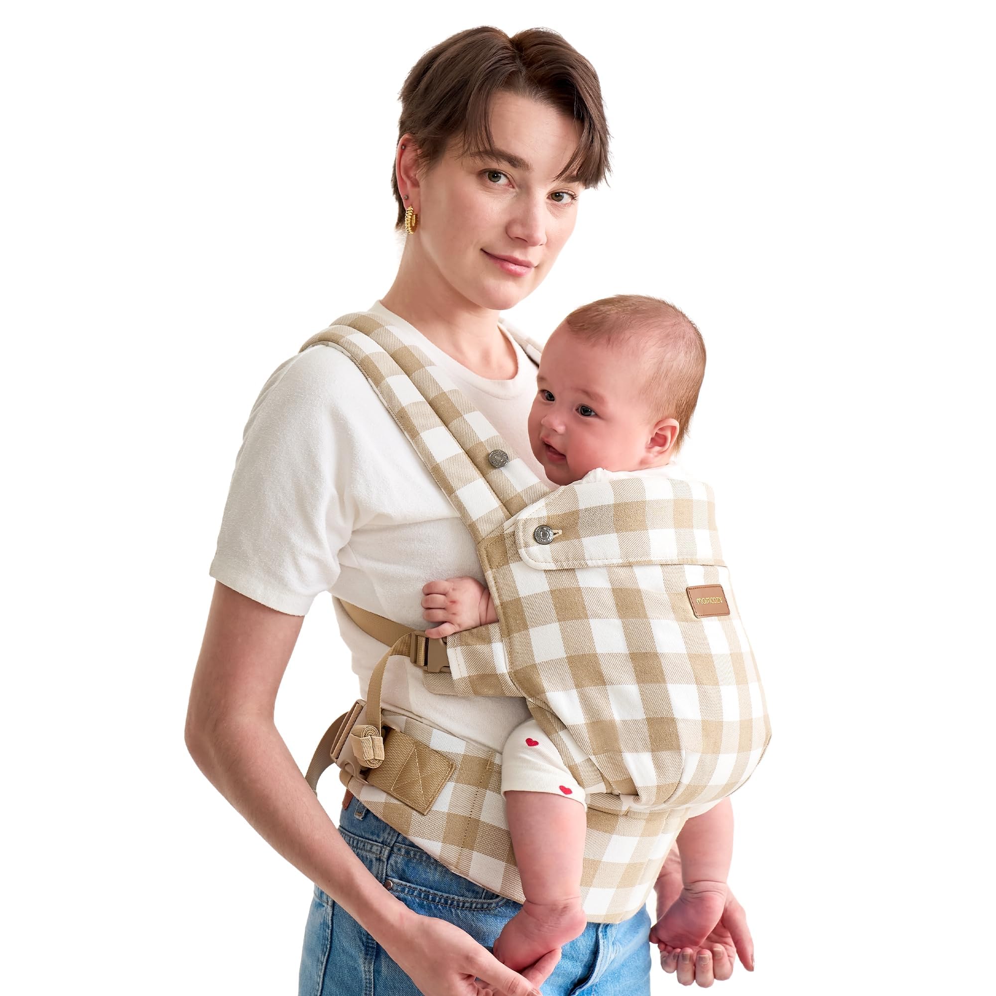 Momcozy Herihuge Baby-Trage - Charmante Jacquard-Webart, Langlebig & Elegant - Ganz-Tages-Komfort für Mütter - Zeitlos-Beige