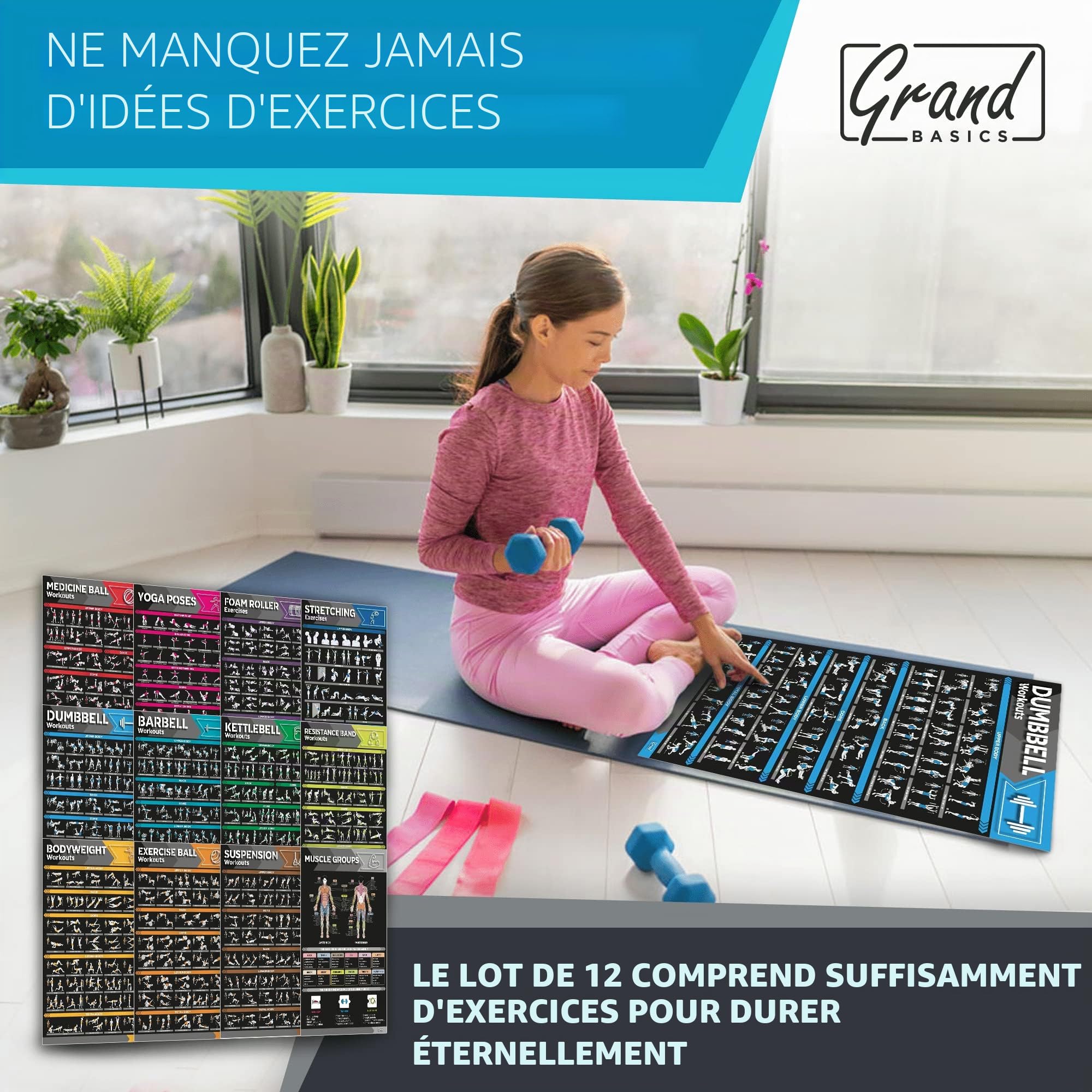 GRAND BASICS [Lot de 12 grandes affiches d'entraînement laminées – Affiches parfaites pour les tableaux d'exercices de salle de sport à domicile avec haltères, poses de yoga, kettlebell, étirements et