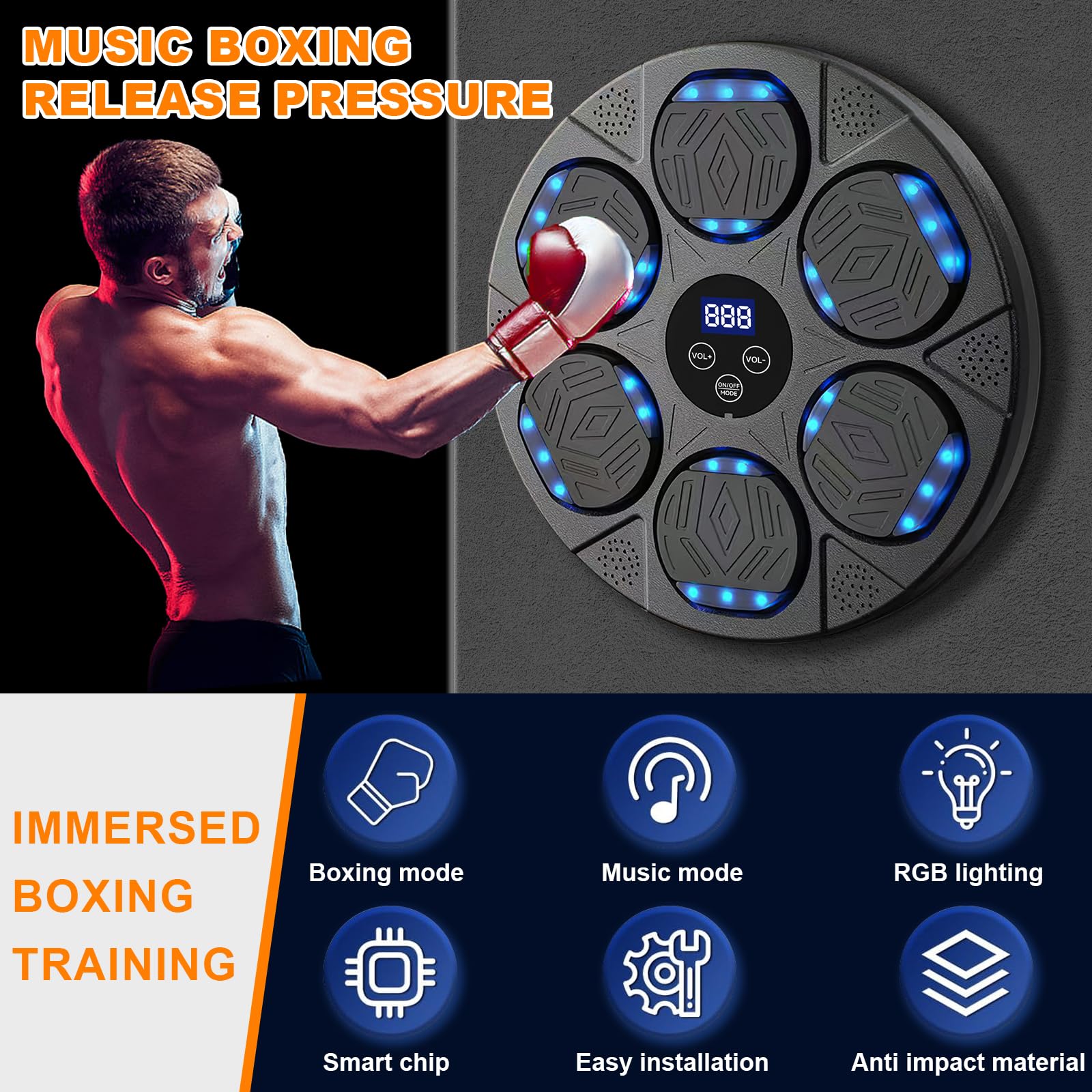 Music Boxing Machine,LED Musik Boxmaschine mit Boxhandschuhen,Wandmontiertes Boxziel,9 Geschwindigkeitsmodi Boxmaschine mit Musik Trainingsgerät Für Erwachsene und Kinder,Unterstützt Bluetooth
