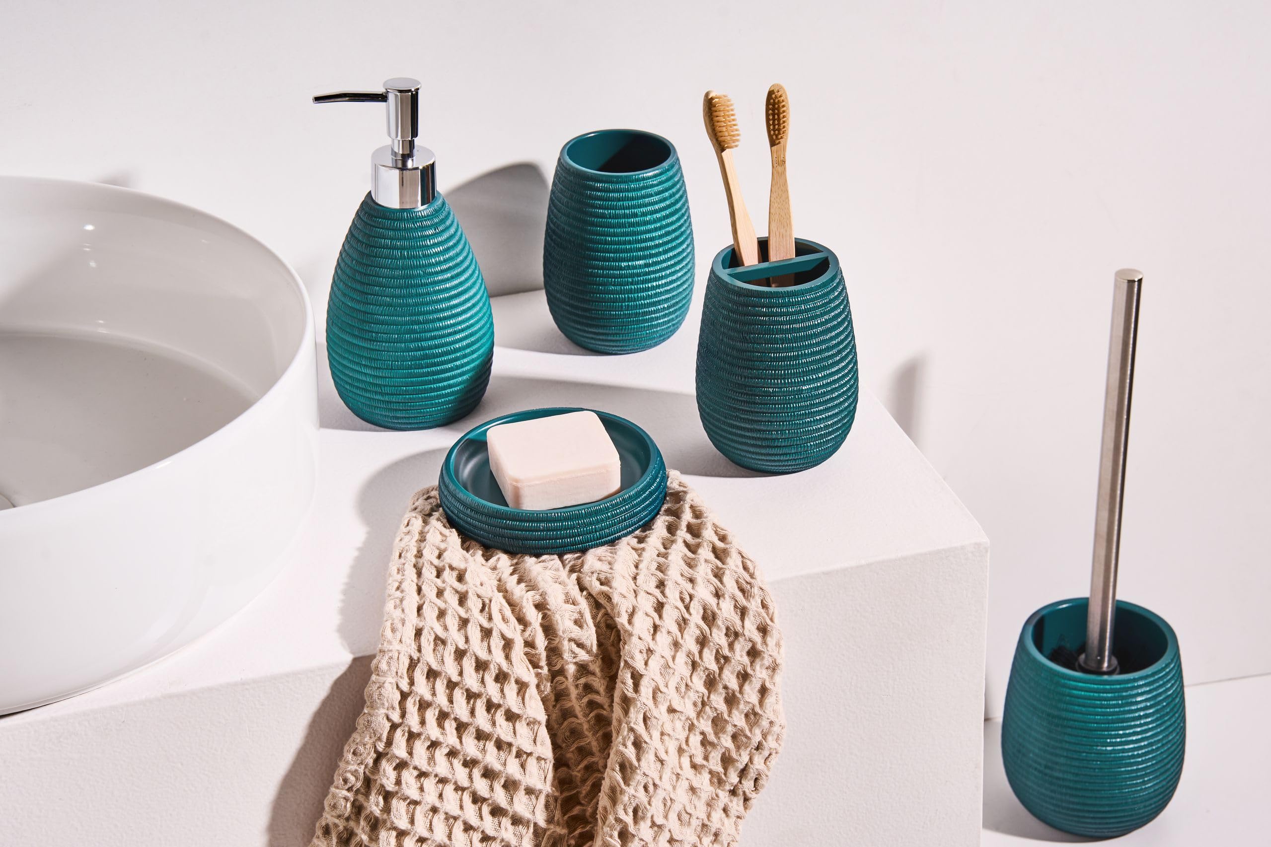 Conjunto de Accesorios de baño jabonera dispensador de jabón escobilla de Inodoro Vaso Soporte para cepillos de Dientes Verde Azulado Quila