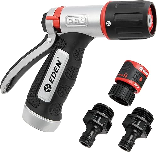 Miniatura 36 de Eden 94824 Boquilla rociadora de manguera de jardín con control de pulgar de metal resistente, 6 patrones, rociador de alta presión con conector