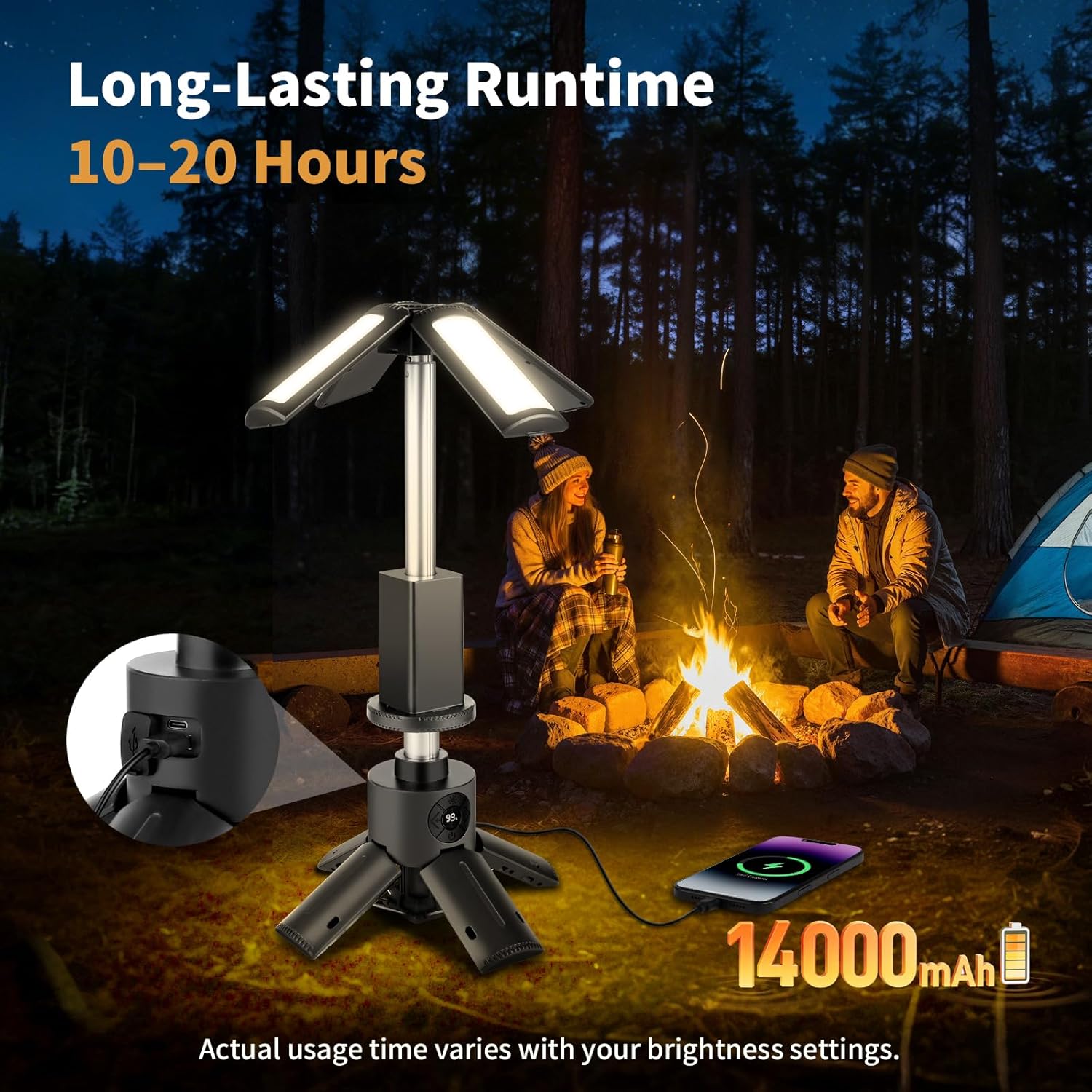 Telescopic Camping Lights with Stand, 14000mAh Rechargeable Camping Lantern,Portable Camping Light, IPX6 Waterproof, Dimmable Outdoor Tent Light for Emergency, Hiking, Fishing, Backyard