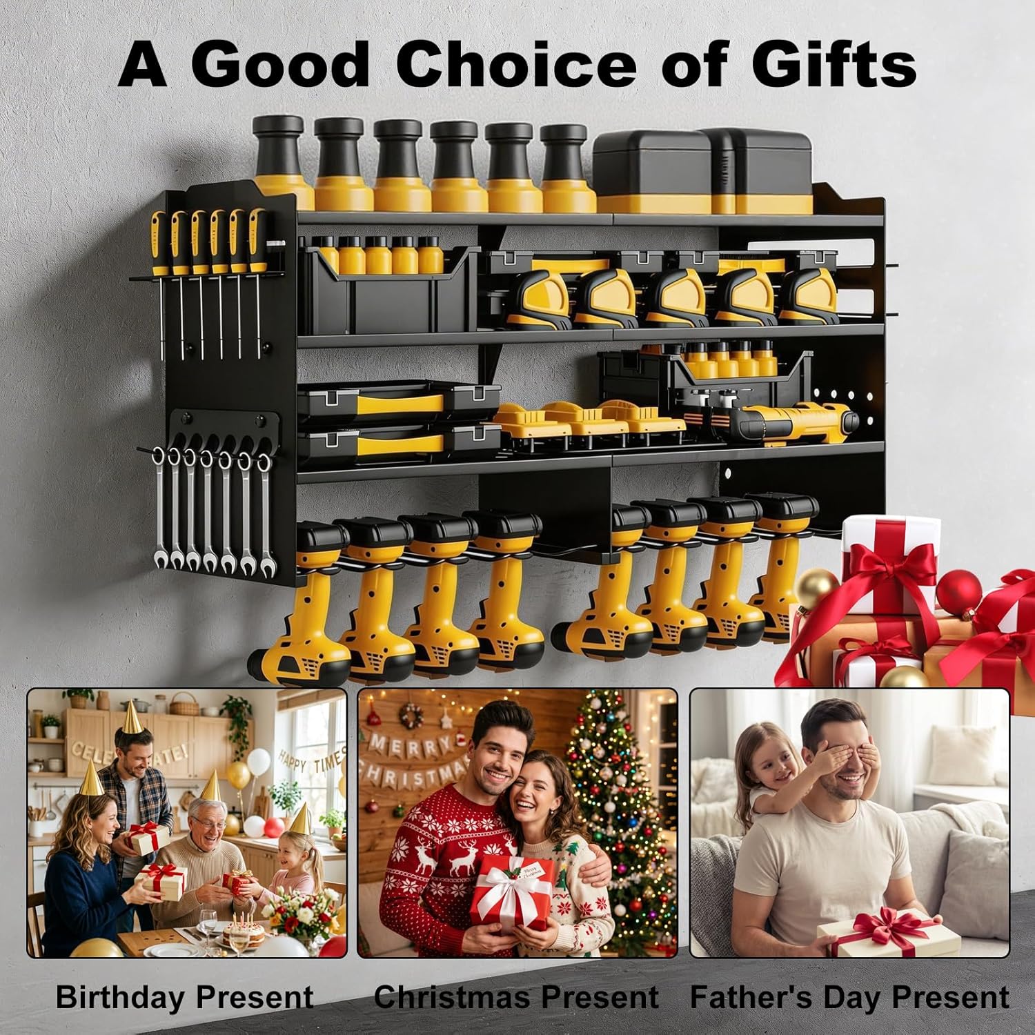 oviitech Large Power Tool Organizer Wall Mount, 8 Drill Holder Wall Mount Loads 400lbs, 4 Layer Heavy Duty Metal Power Tool Storage, Black, Utility Rack for Garage Workshop, Gifts for Men