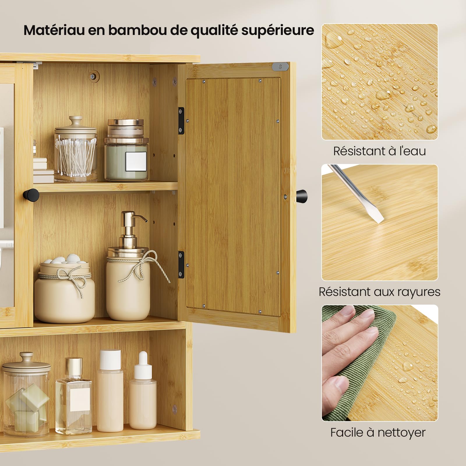 EUGAD Meuble de Salle de Bain Suspendu avec Miroir et Portes en Bambou, Armoire Peu encombrante avec étagère réglable, boîte Murale avec Compartiment Ouvert, 56 x 14 x 58 cm