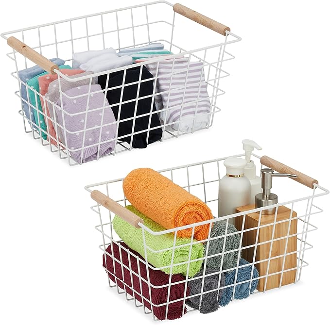 Relaxdays Drahtkorb, 2er Set, Metall, Holzgriffe, HxBxT: 16 x 31 x 21 cm, eckiger Aufbewahrungskorb, Bad & Küche, weiß