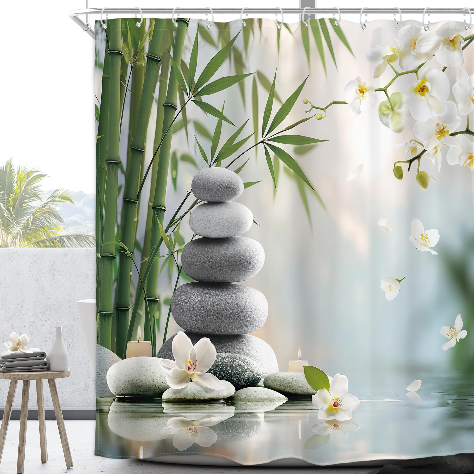 Homewelle Zen Stone Meditation Shower Curtain Green Bamboo White Orchid Spa Meditation Inspirational Positive Spa Relaxing Candle 60Wx72H Inch Botany Waterproof Polyester Fabric Bathroom Bathtub