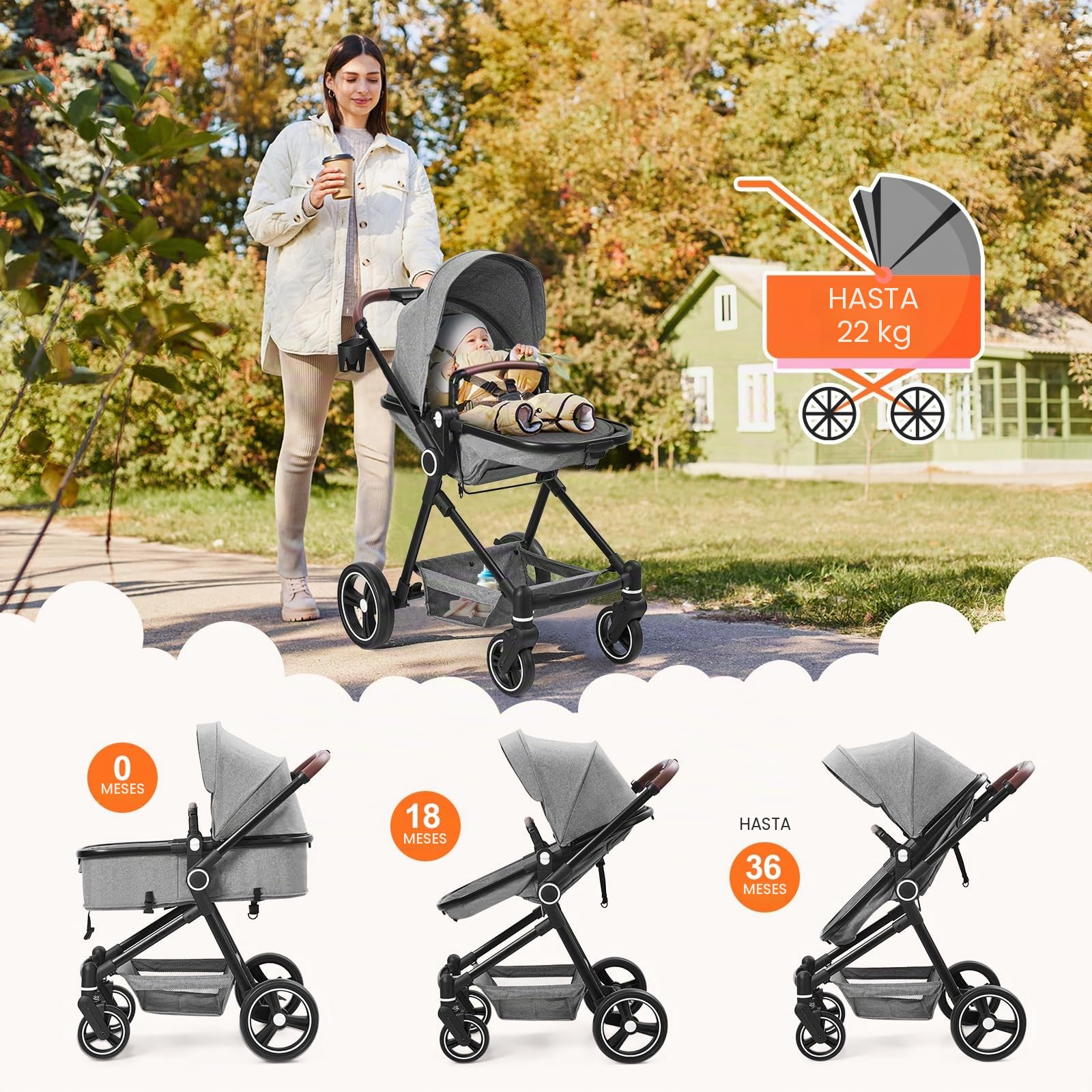 Cochecito 2 en 1, compacto y ligero, plegable, con asiento reclinable, capazo ajustable, para todo tipo de terrenos, 0-3 años (Gris)