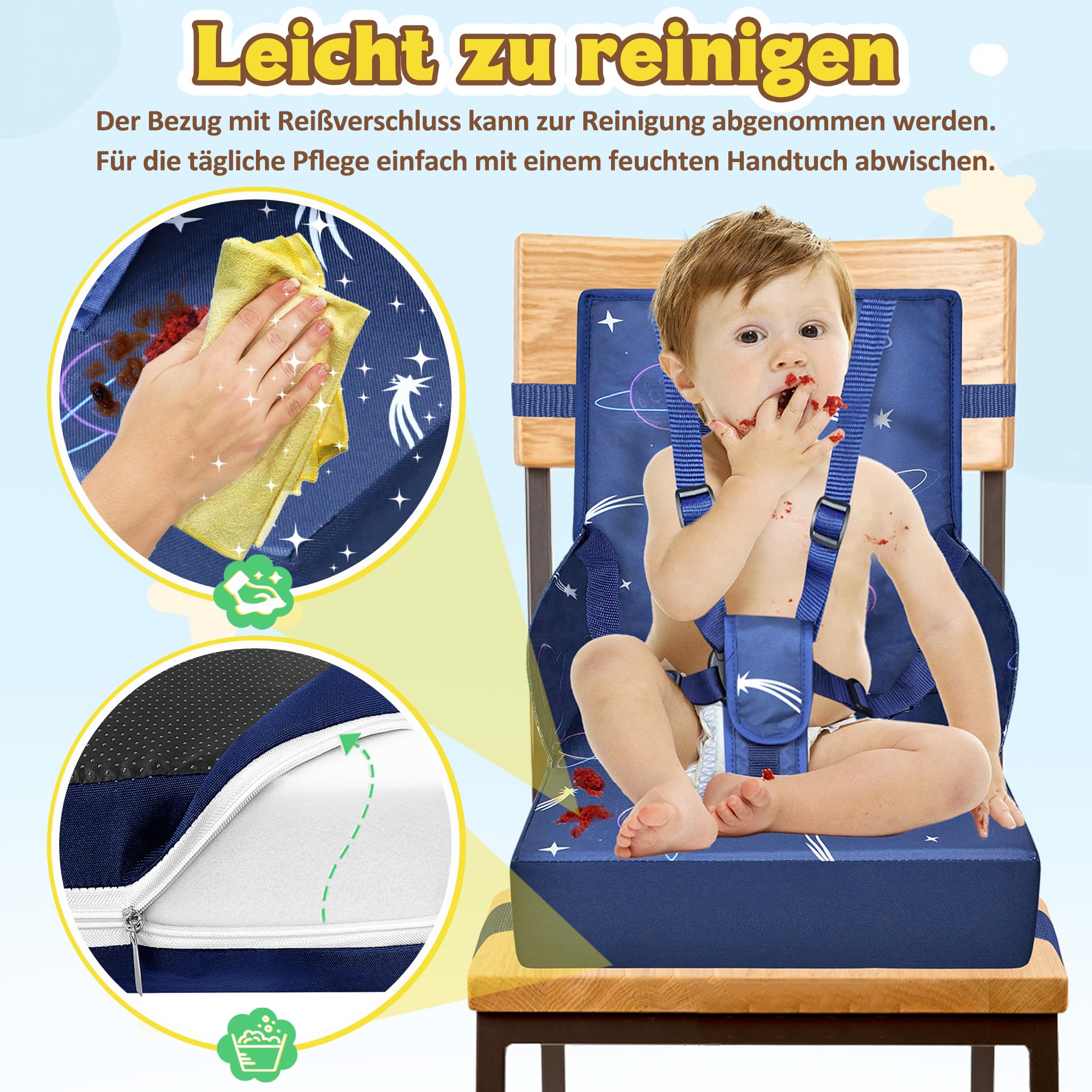 Sedia per bambini portatile con cintura di sicurezza regolabile antiscivolo lavabile blu