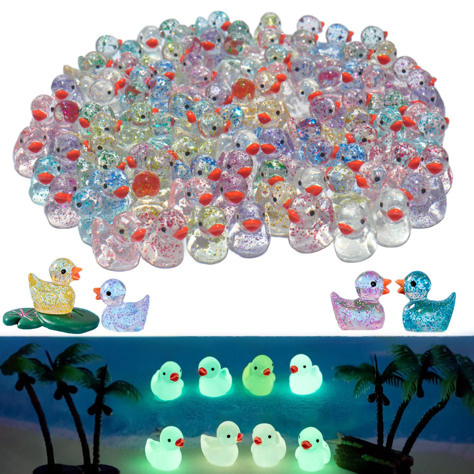 Eastrise 100 PCS Glow-in-Dark Mini Resin Ducks, 10 Colors Tiny Luminous Duck Figures for Fairy Gardens Aquariums