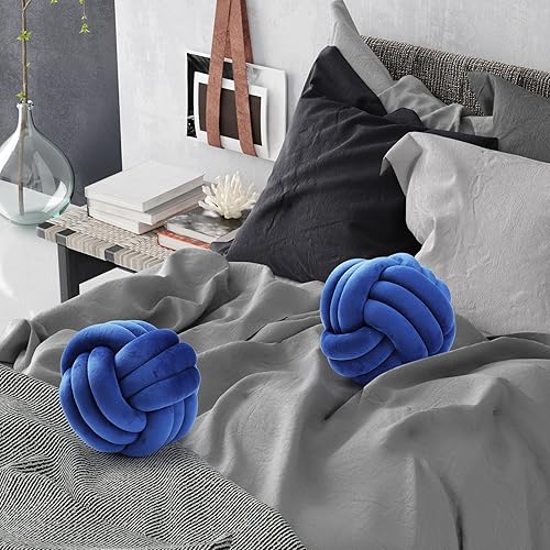 Miniatura 7 de Namalu 2 almohadas redondas de nudo de felpa, decorativas, suaves y estéticas, de felpa, para decoración de la habitación de los niños (azul oscuro,